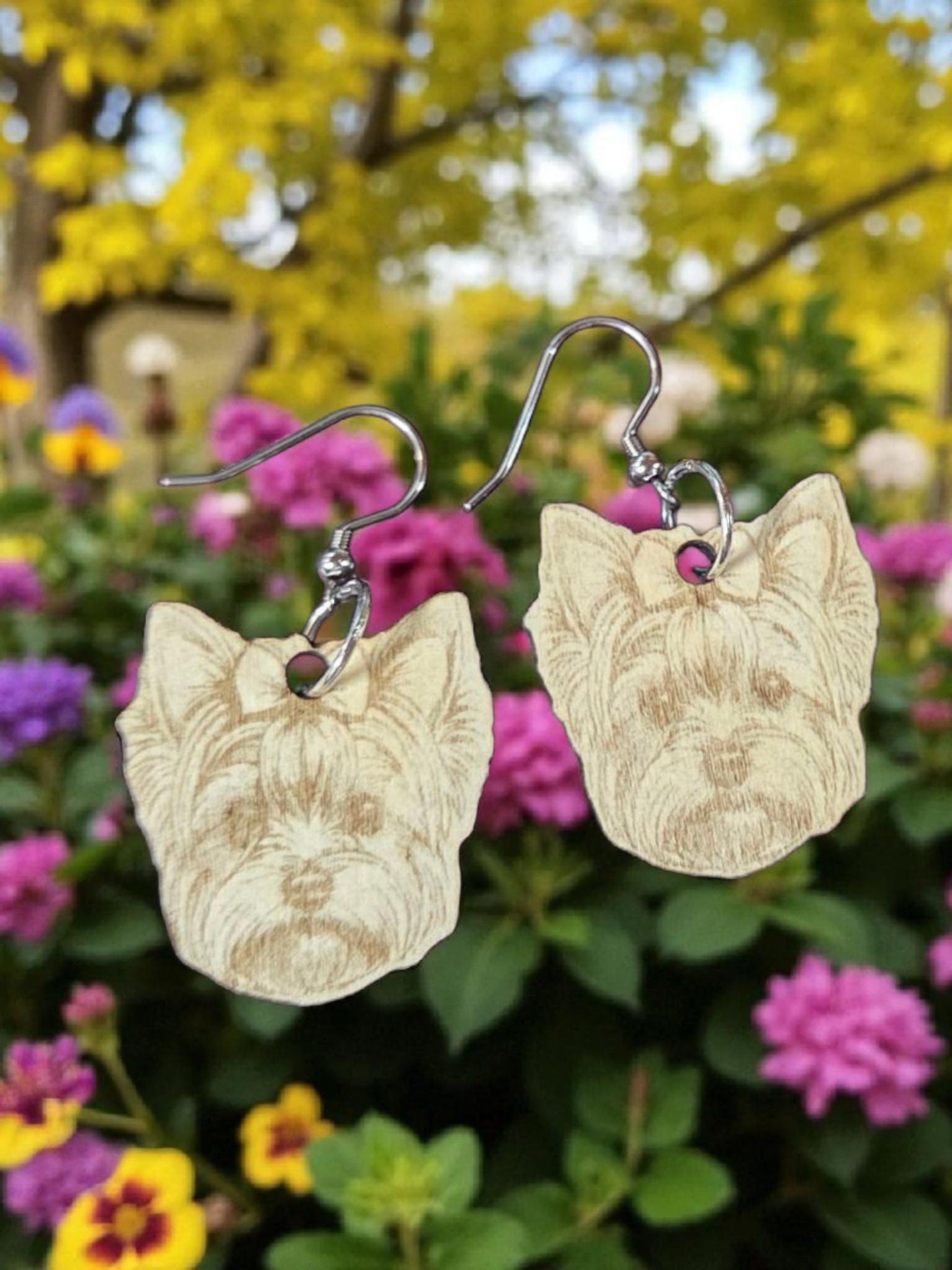 Yorkie Earrings: Engraved Basswood Yorkshire Terrier, Stainless Steel Hooks