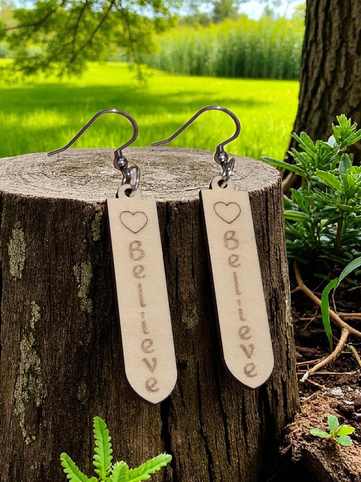 Believe Engraved Wooden Earrings | Heart Basswood Dangle Jewelry