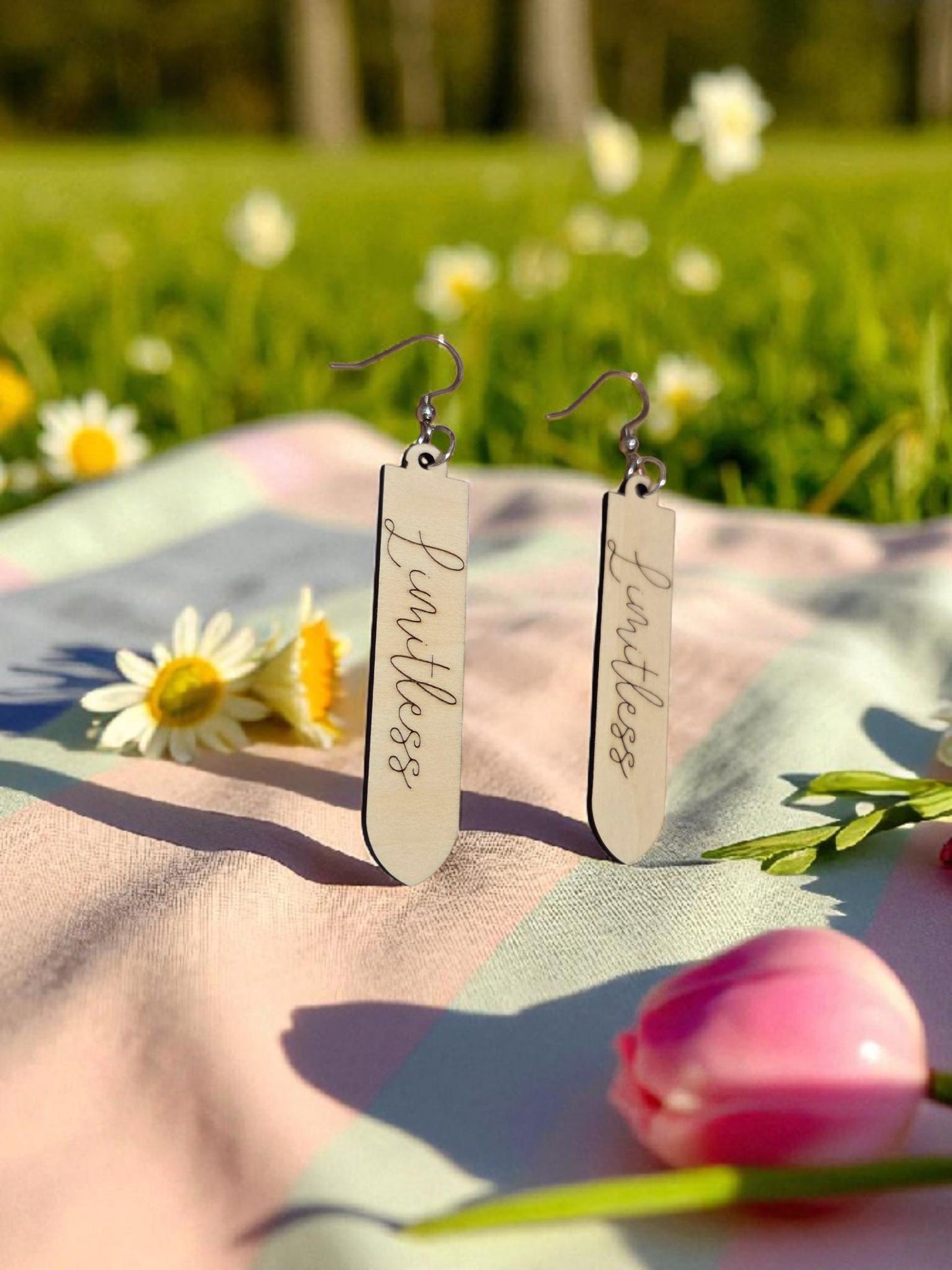 Engraved Basswood Sword Earrings: Limitless Dangle Jewelry