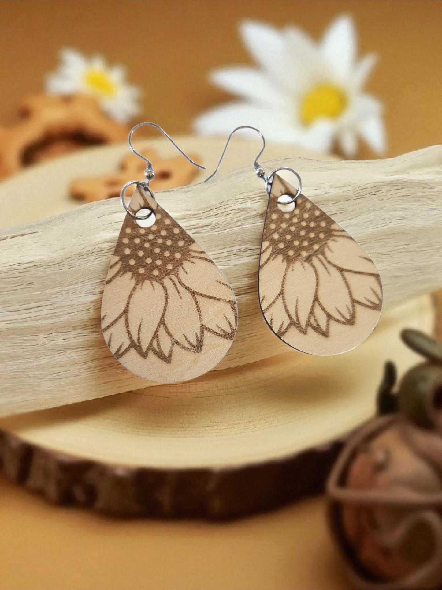 Engraved Wood Sunflower Earrings