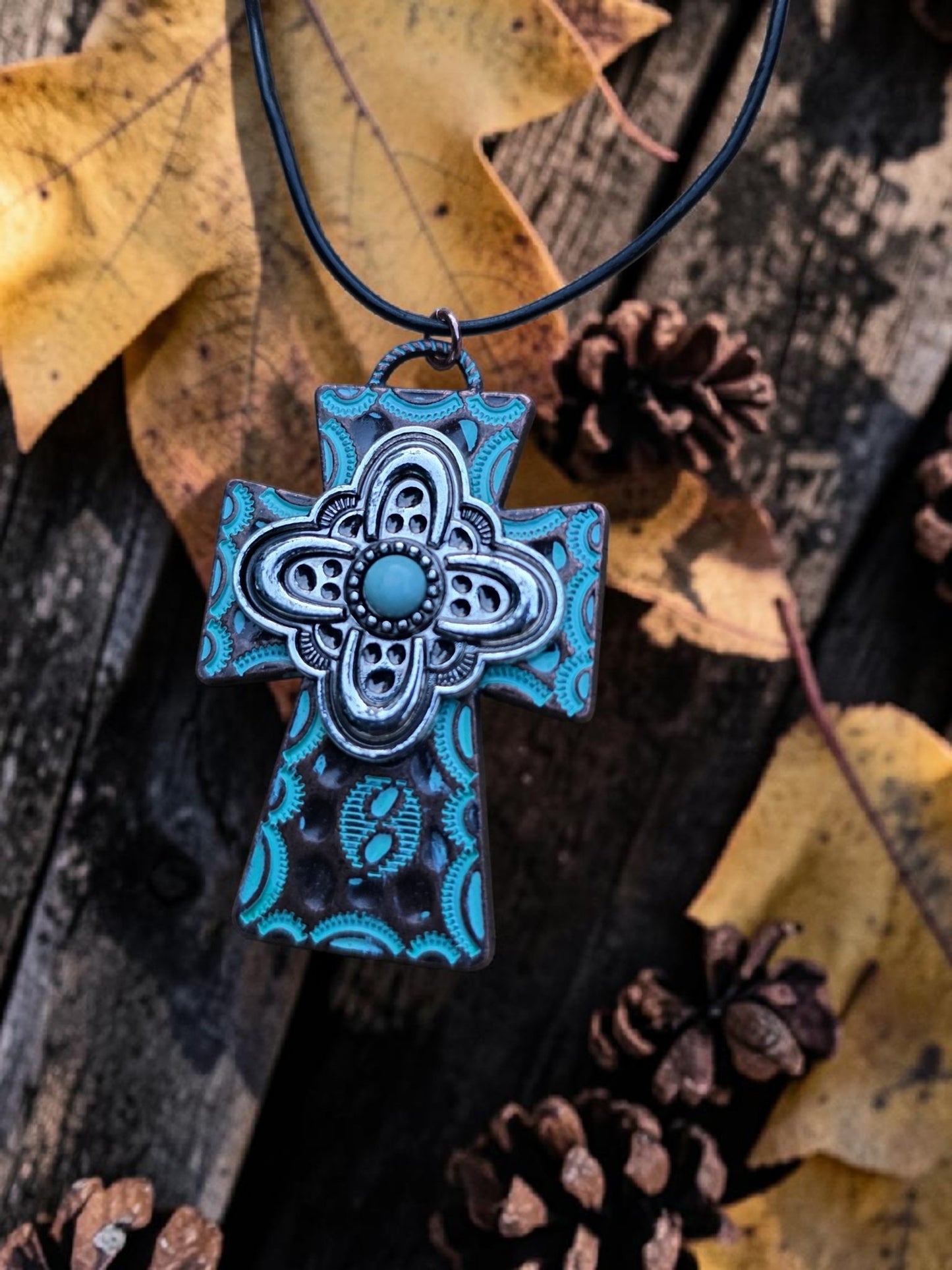 Western Turquoise and Silver Tone Cross Pendant Necklace