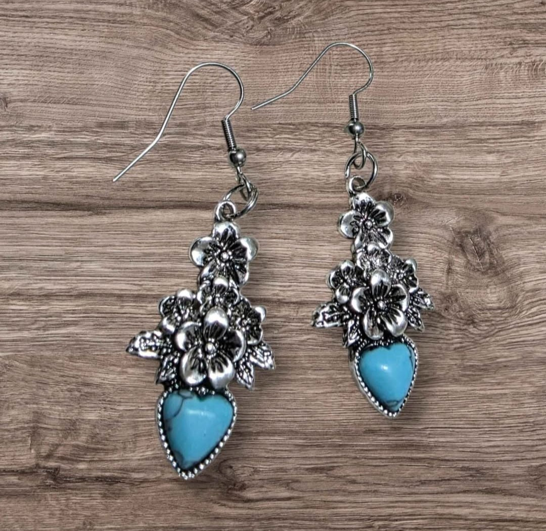 Turquoise Heart Flower Dangle Earrings