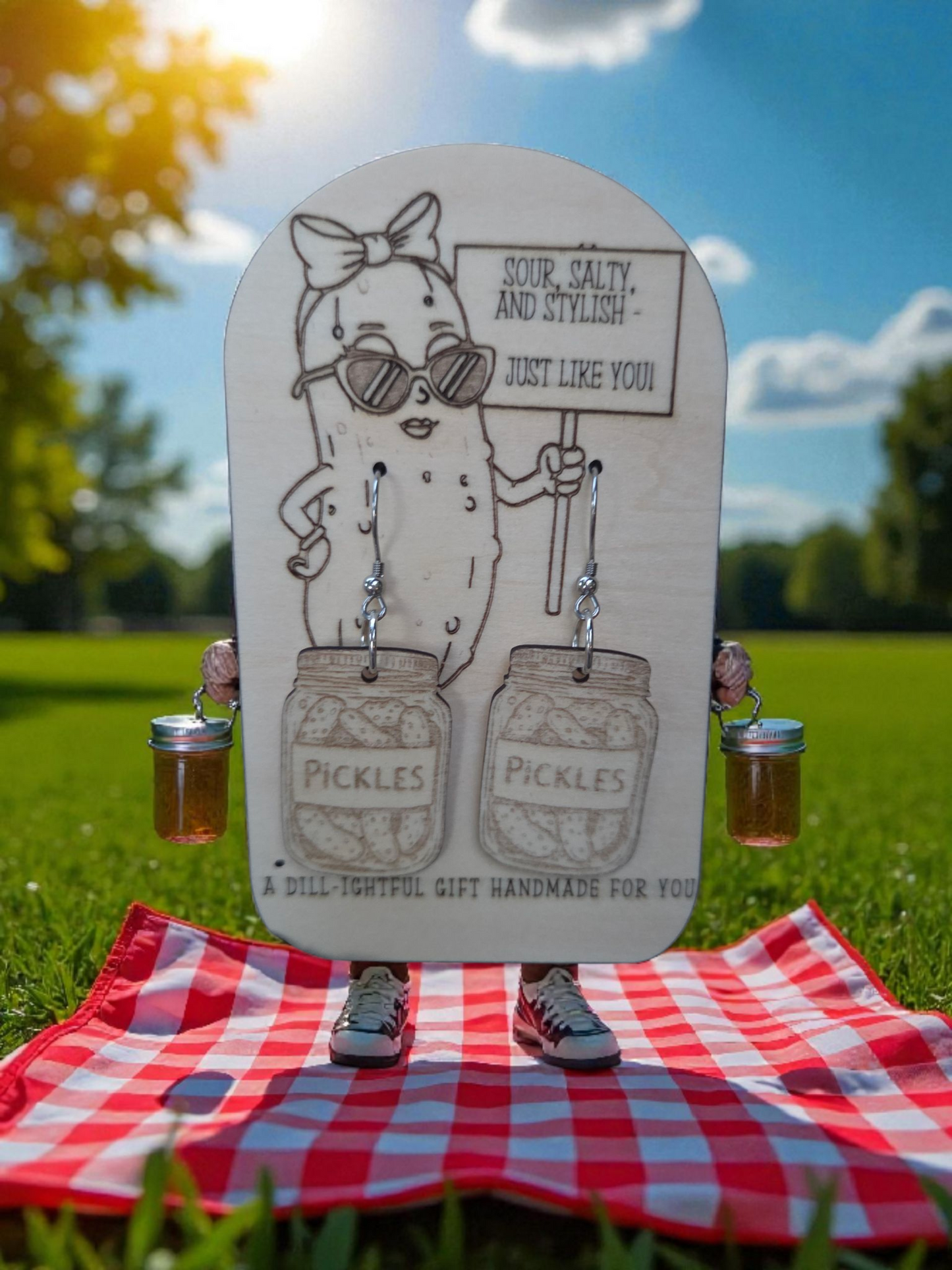 Pickles in a Jar Engraved Wood Earrings