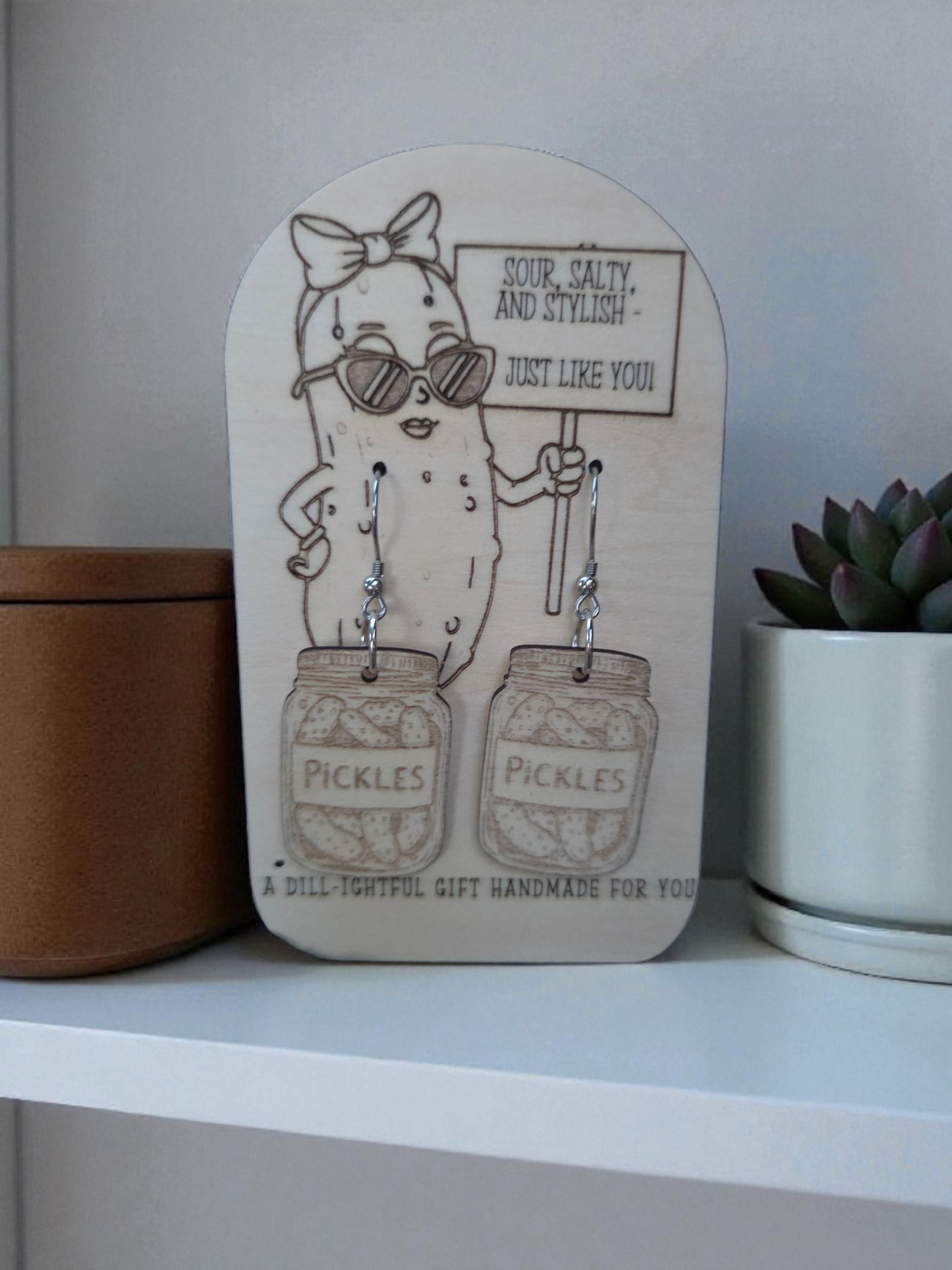 Pickles in a Jar Engraved Wood Earrings