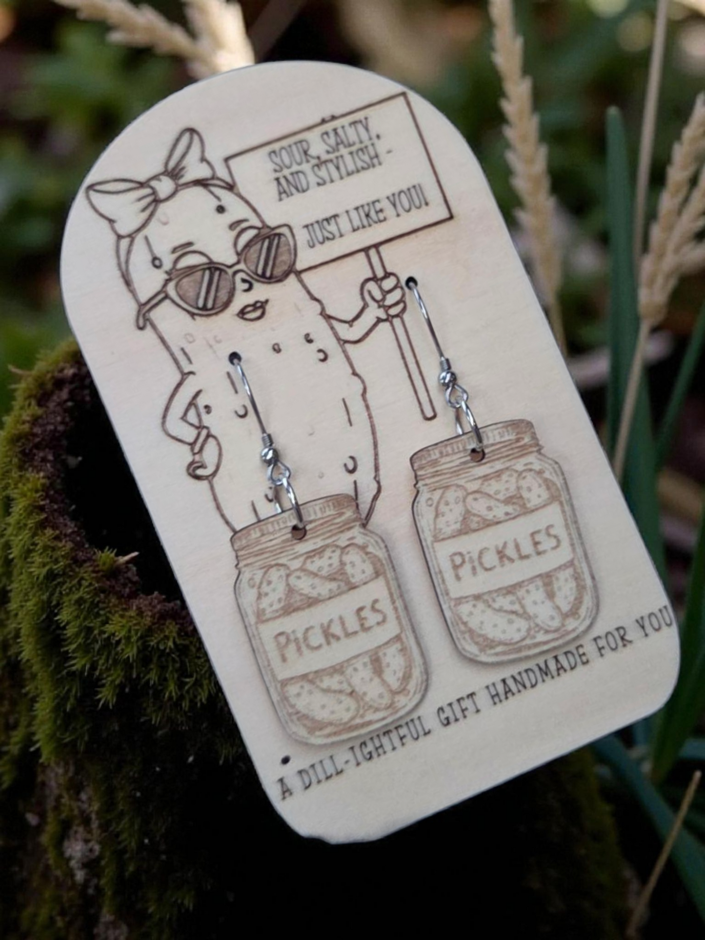 Pickles in a Jar Engraved Wood Earrings
