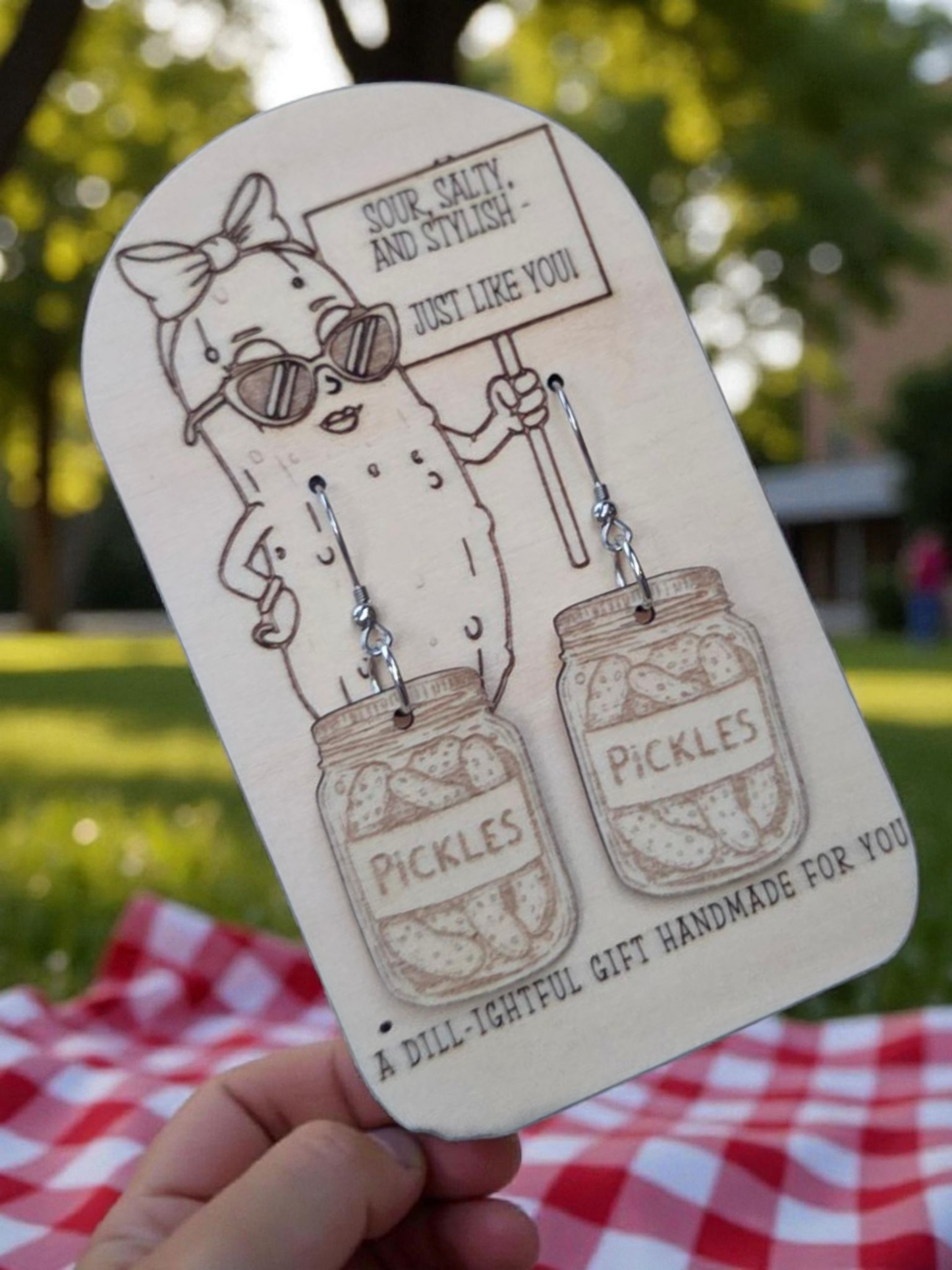 Pickles in a Jar Engraved Wood Earrings