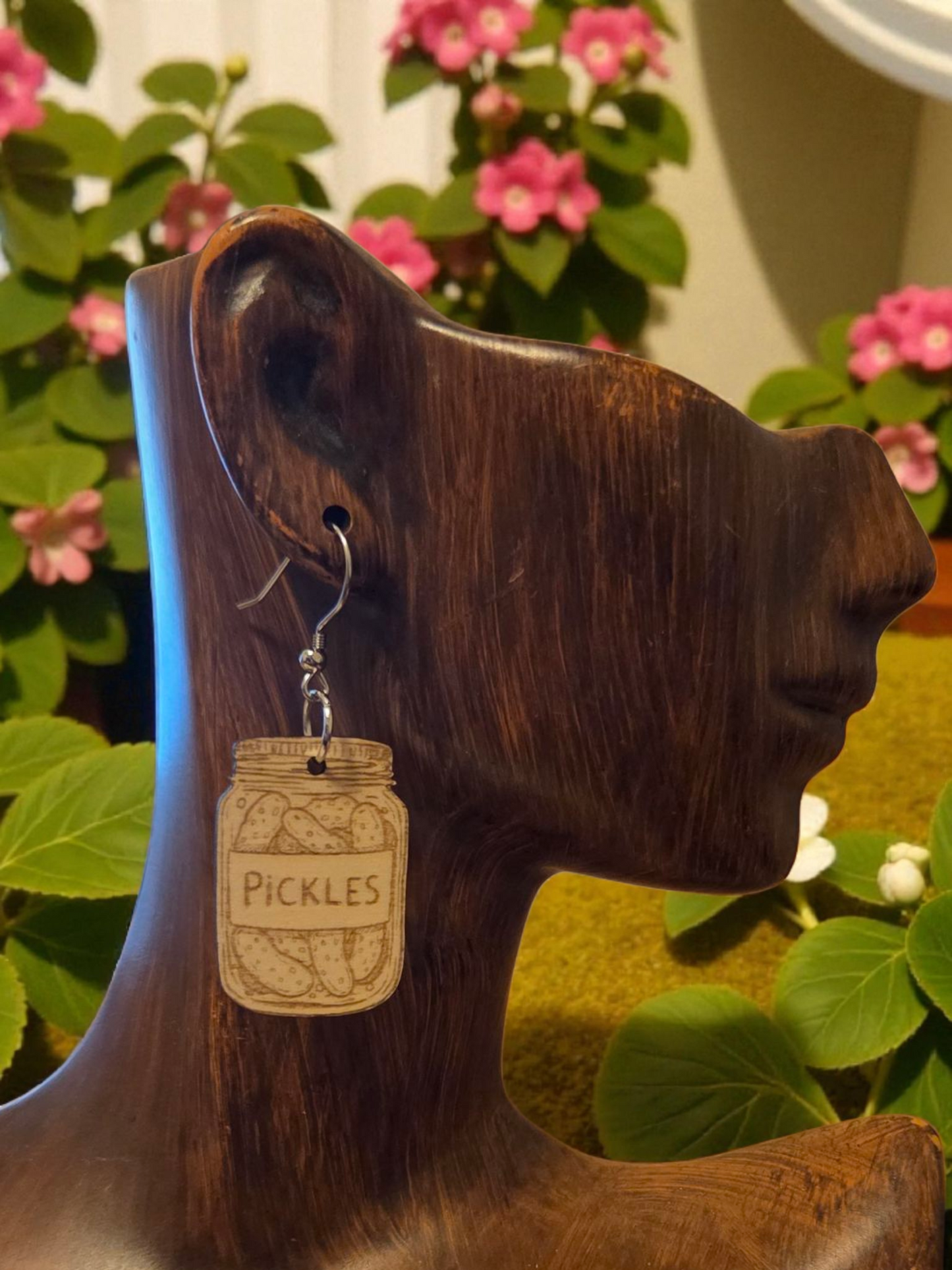 Pickles in a Jar Engraved Wood Earrings
