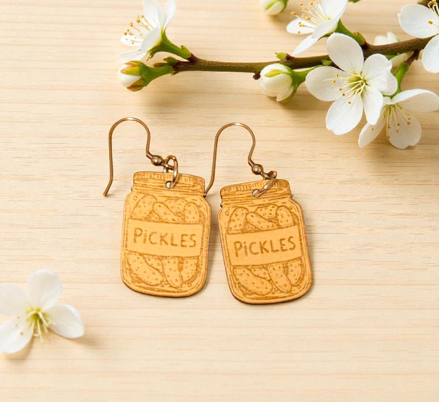 Pickles in a Jar Engraved Wood Earrings