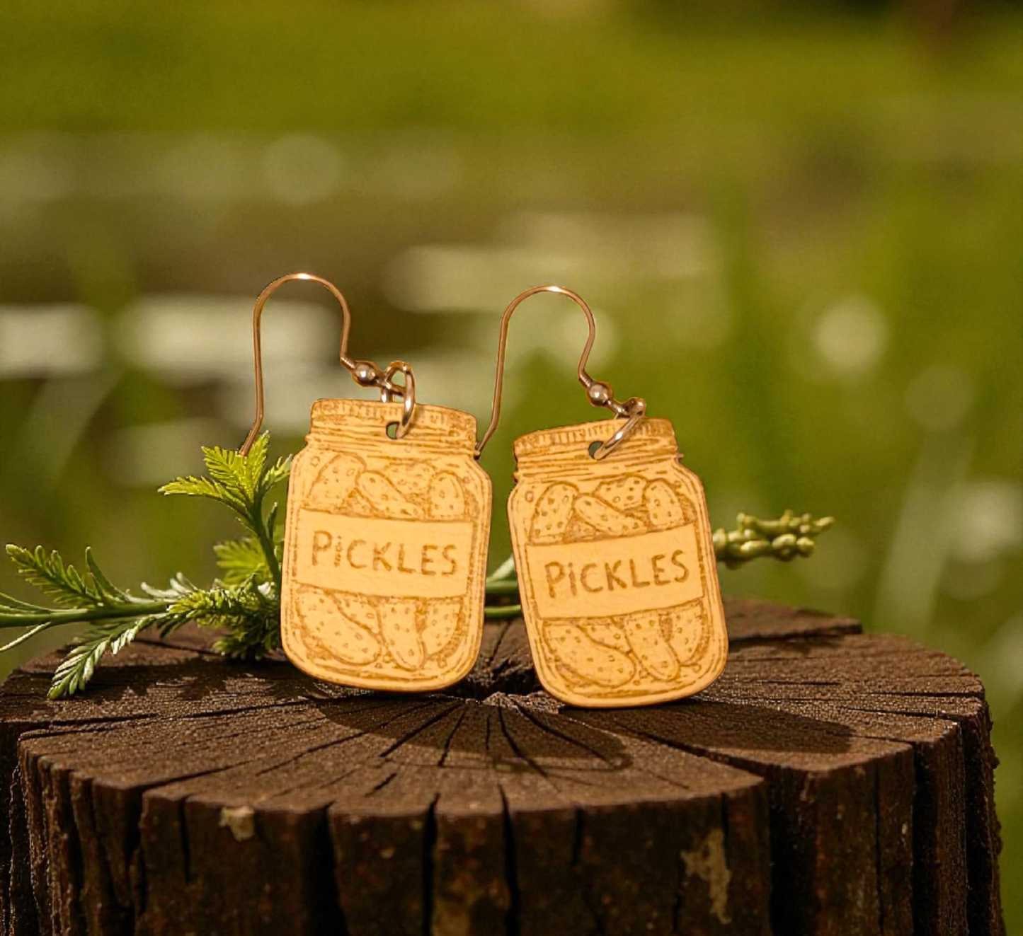 Pickles in a Jar Engraved Wood Earrings