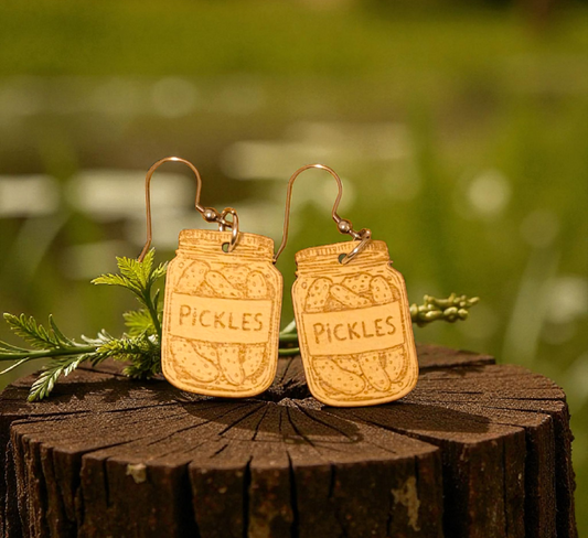 Pickles in a Jar Engraved Wood Earrings