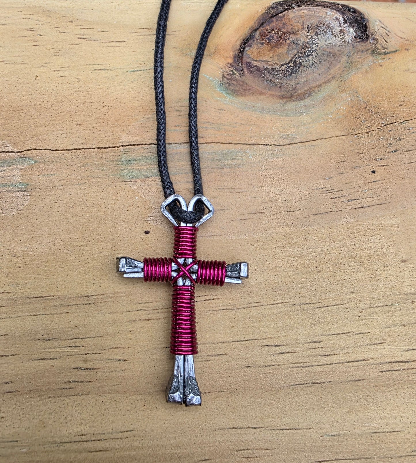 Horseshoe Nail Cross Necklace – Handmade Faith Cross on Adjustable Black Cord (14–28")