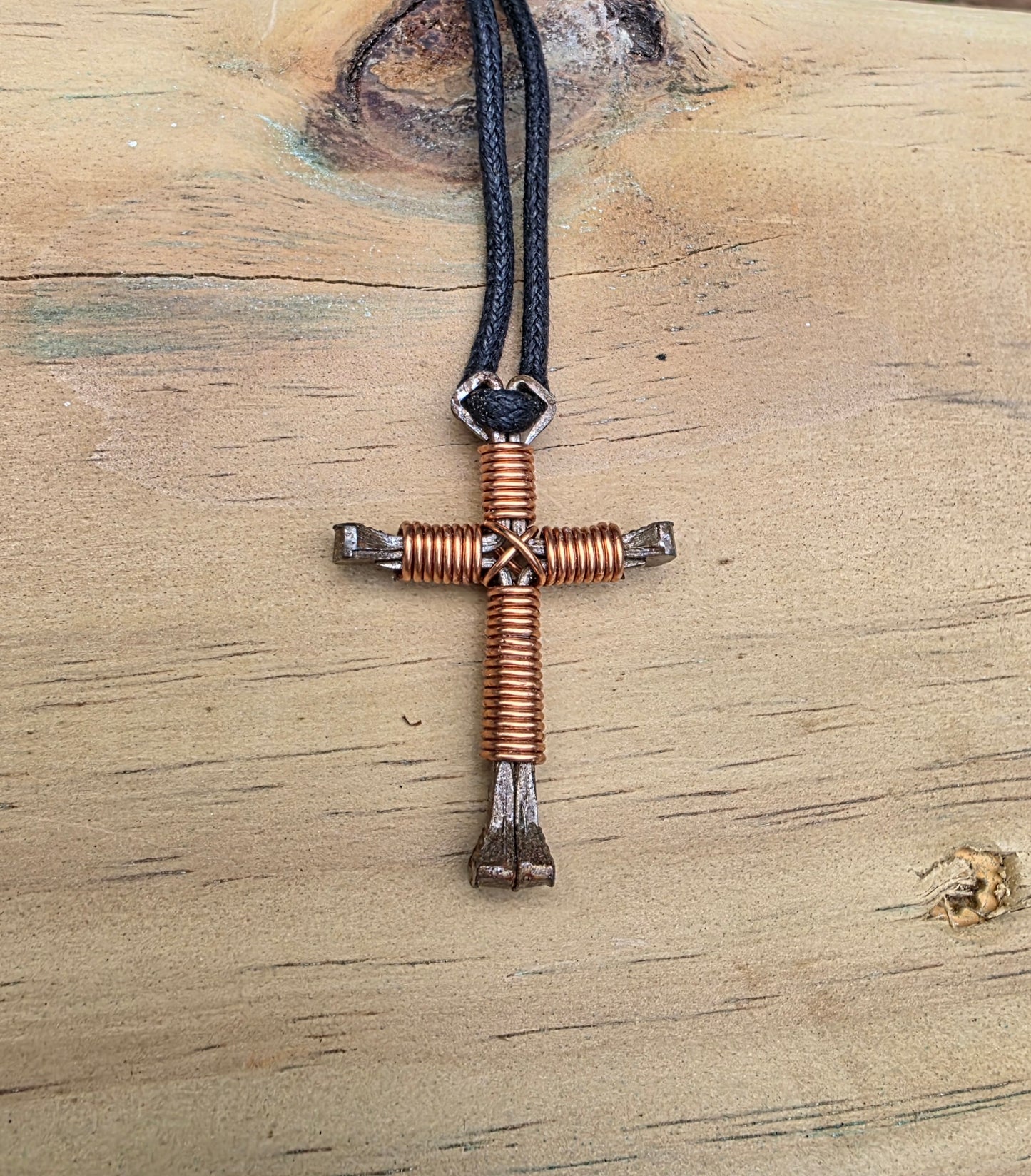 Horseshoe Nail Cross Necklace – Handmade Faith Cross on Adjustable Black Cord (14–28")