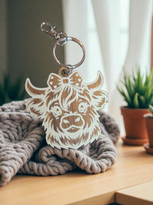 Engraved Walnut Highland Cow Keychain: Rustic Bag Charm