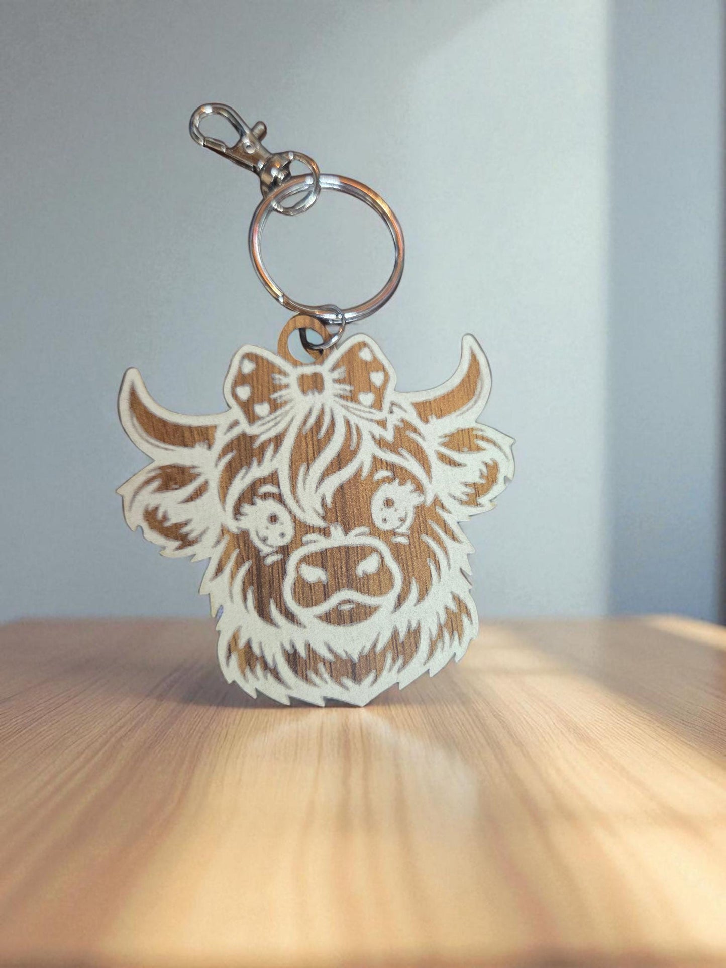 Engraved Walnut Highland Cow Keychain: Rustic Bag Charm