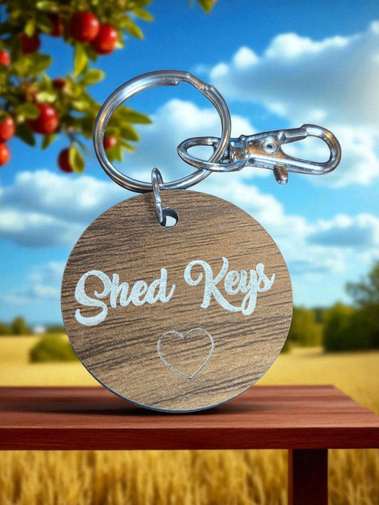 Walnut Wood Shed Keys Keychain: Engraved Rustic Keyring