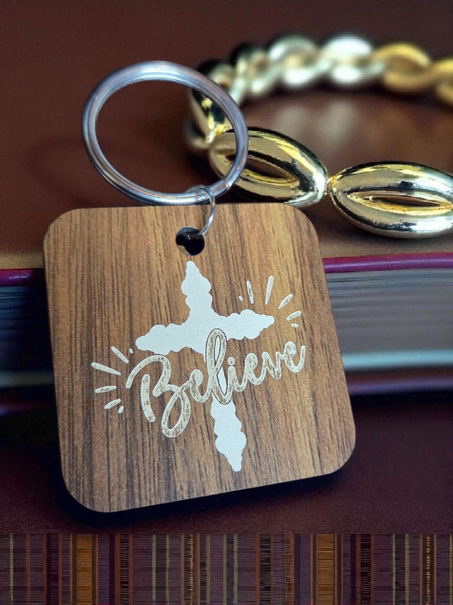 Walnut Wood Believe Cross Keychain - Religious Gift