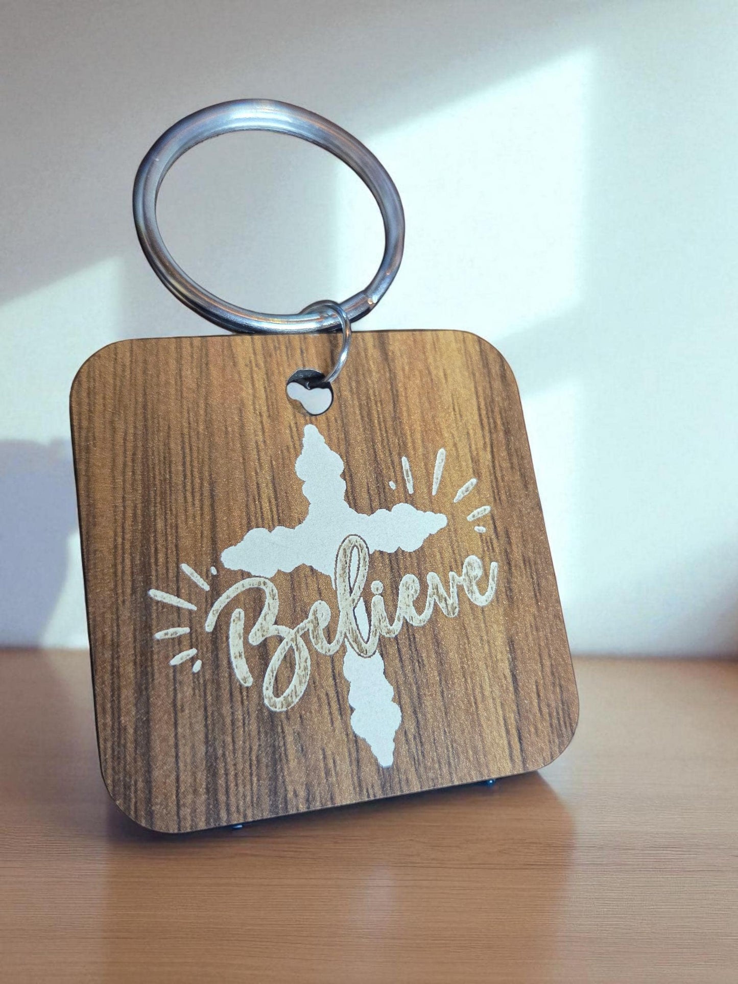 Walnut Wood Believe Cross Keychain - Religious Gift