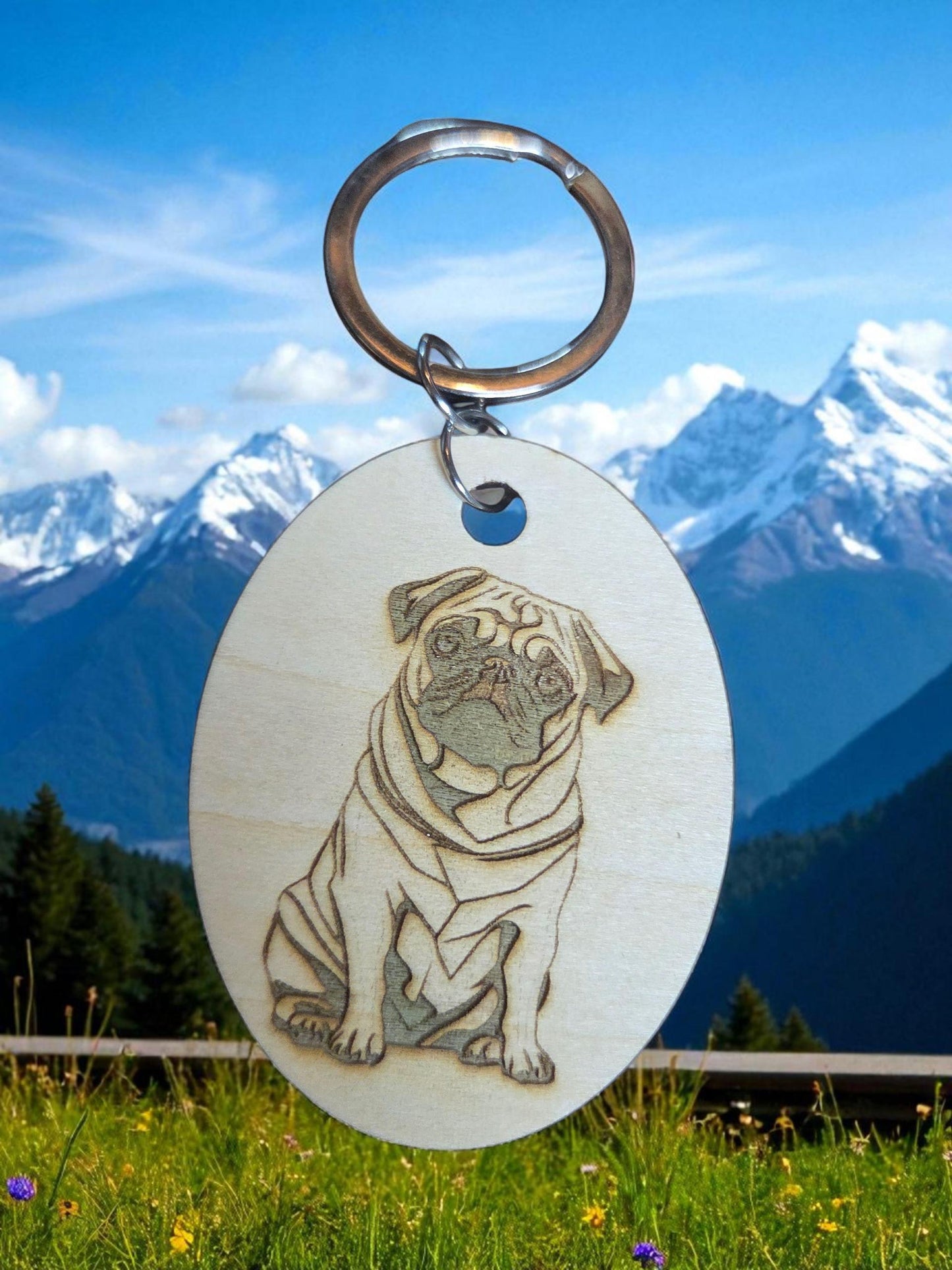 Engraved Basswood Pug Keychain: Dog Lover Gift