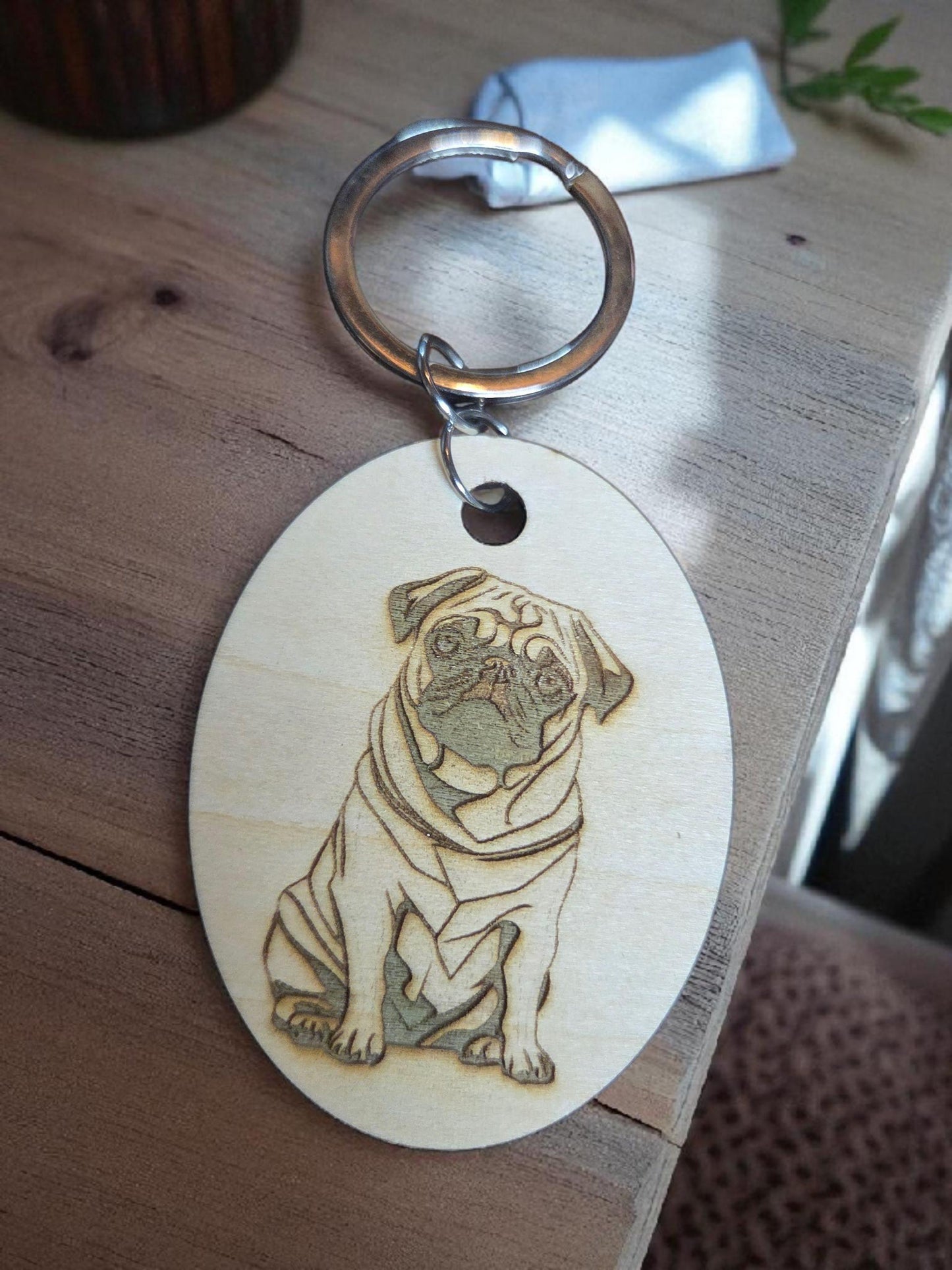 Engraved Basswood Pug Keychain: Dog Lover Gift