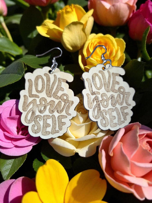 Love Yourself Engraved Wood Earrings