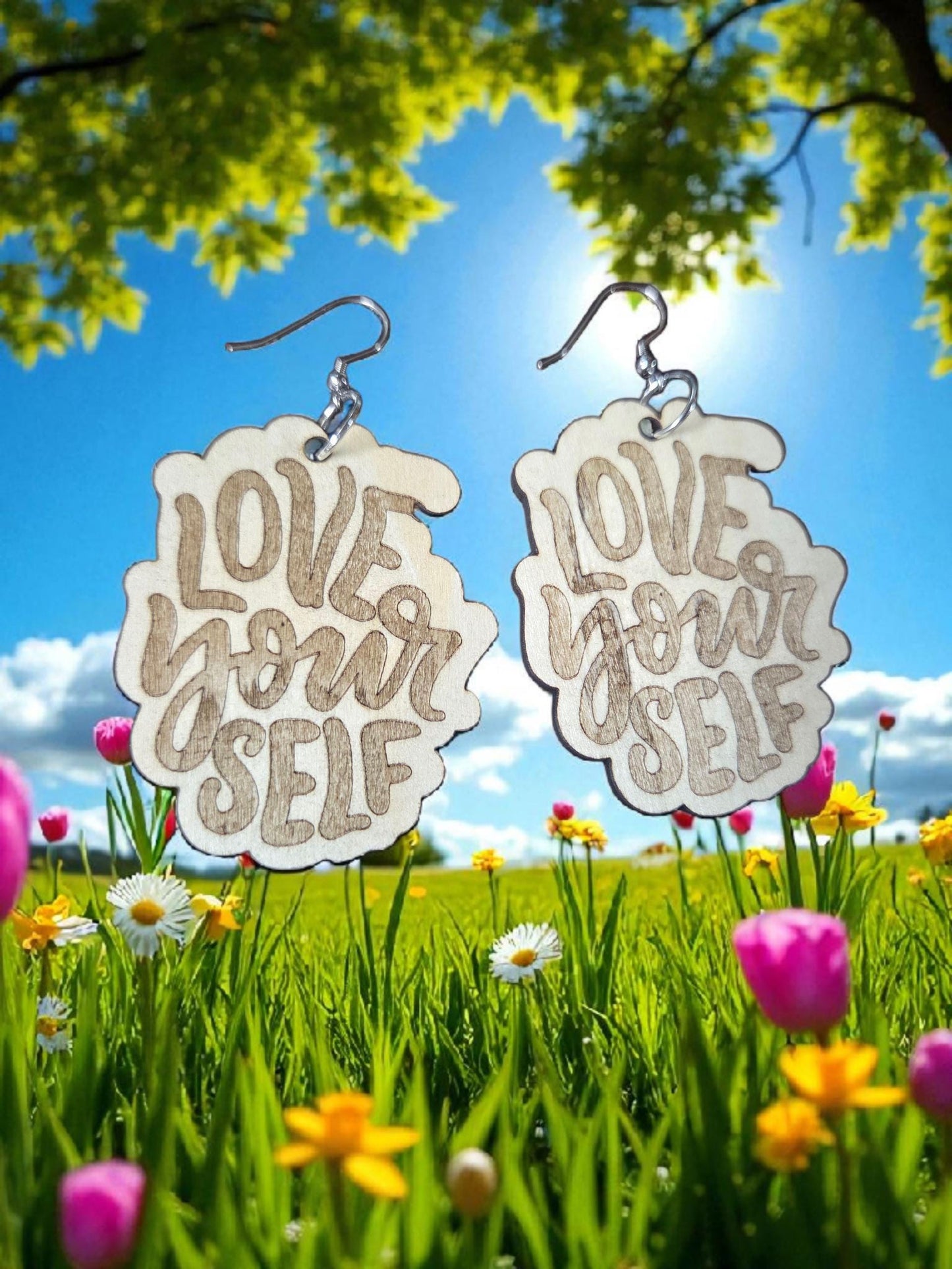 Love Yourself Engraved Wood Earrings