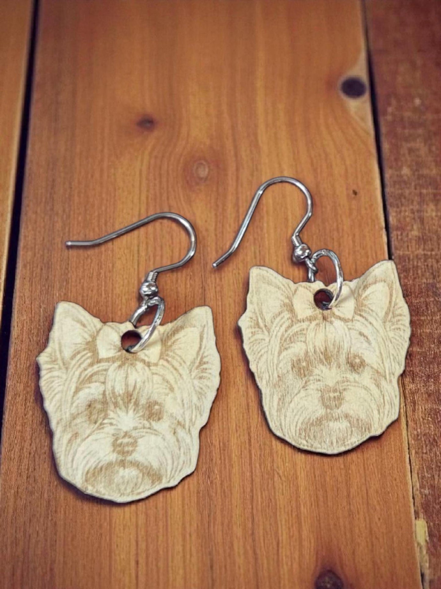 Yorkie Earrings: Engraved Basswood Yorkshire Terrier, Stainless Steel Hooks