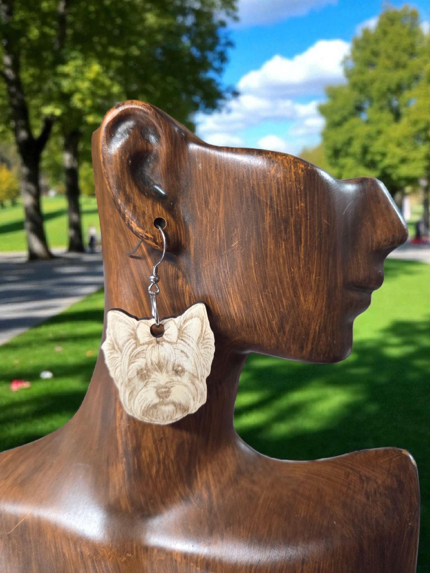 Yorkie Earrings: Engraved Basswood Yorkshire Terrier, Stainless Steel Hooks