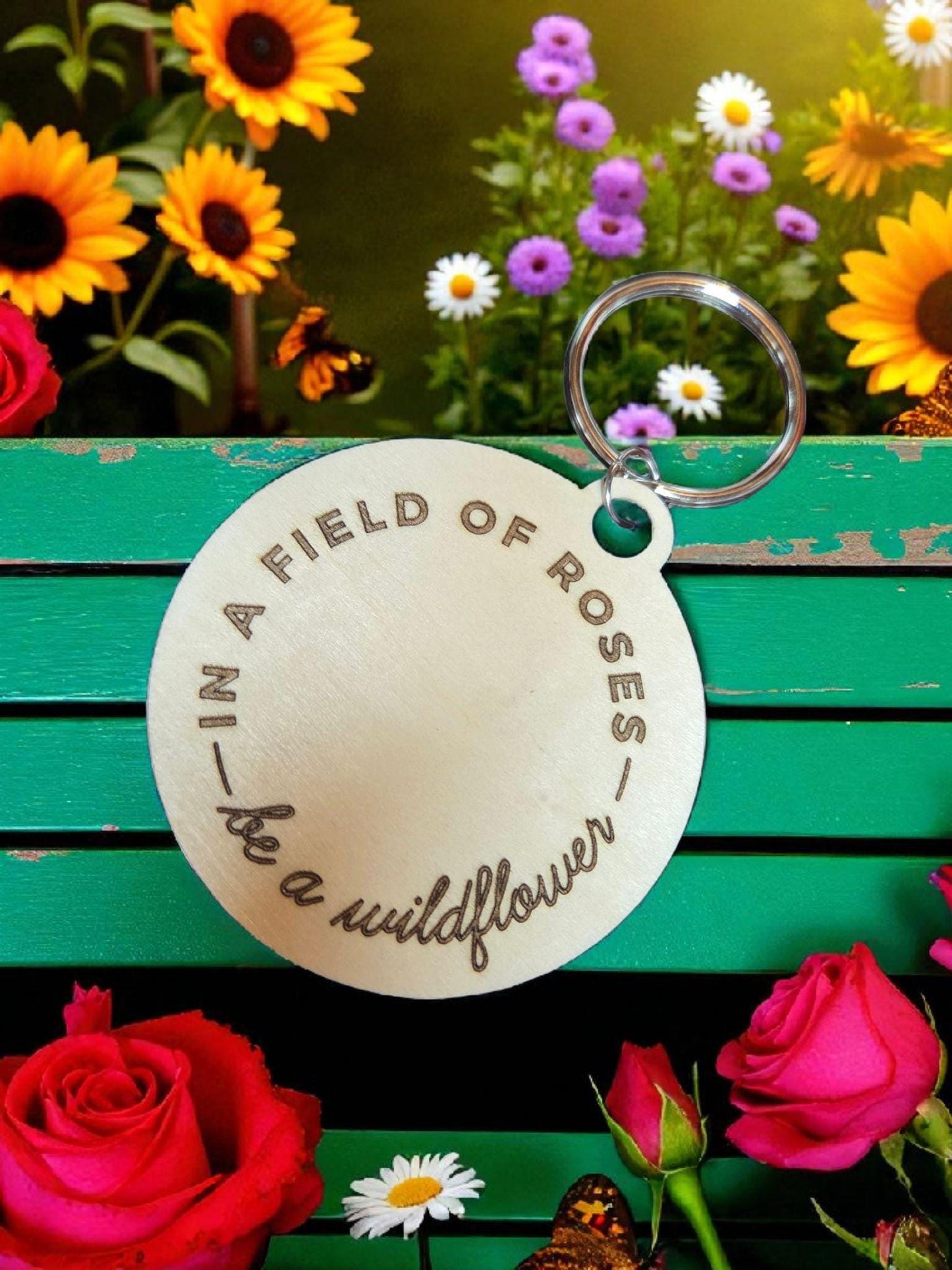 Engraved Basswood Wildflower Keychain: Rustic Nature Lover Gift