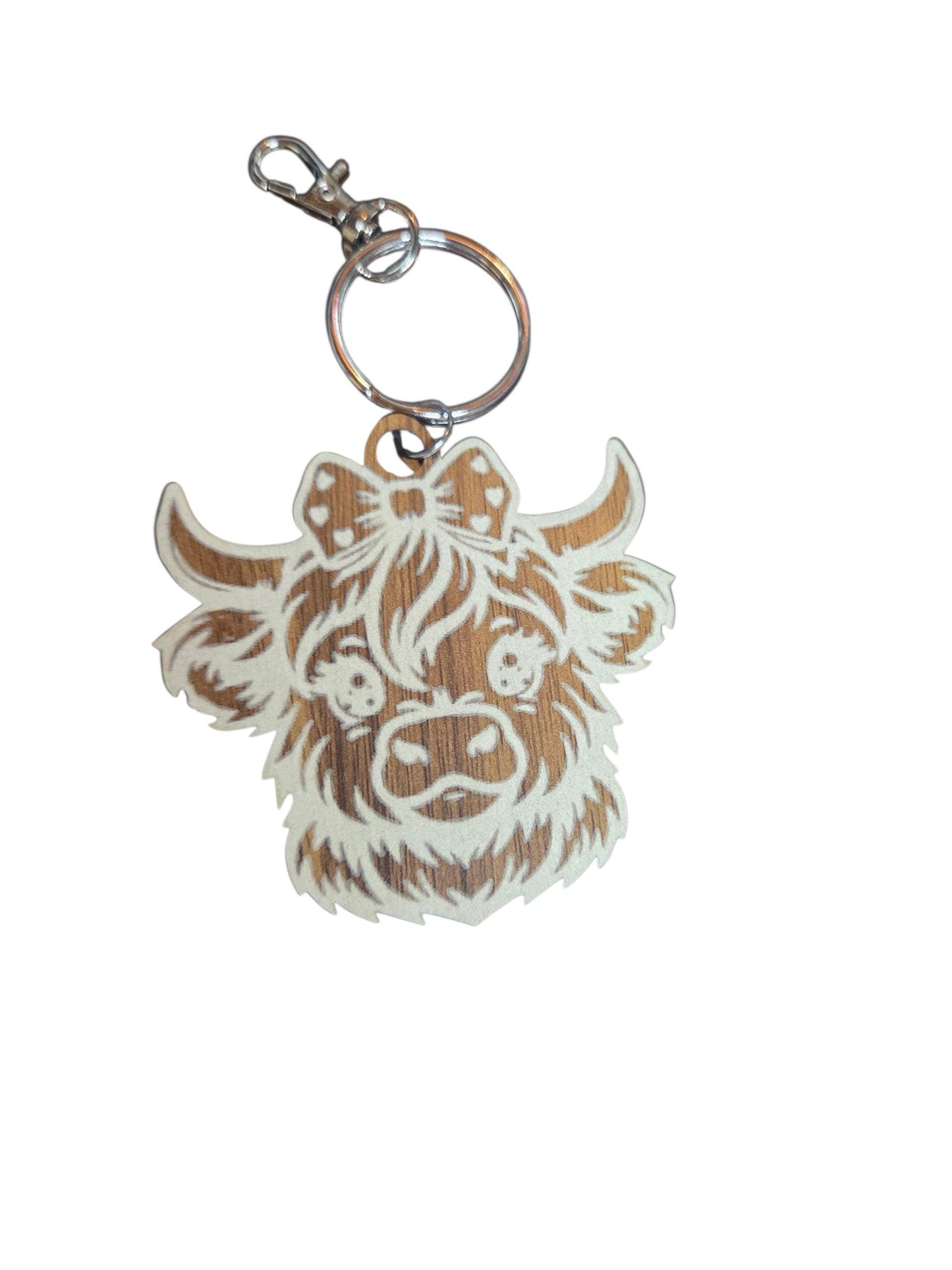 Engraved Walnut Highland Cow Keychain: Rustic Bag Charm