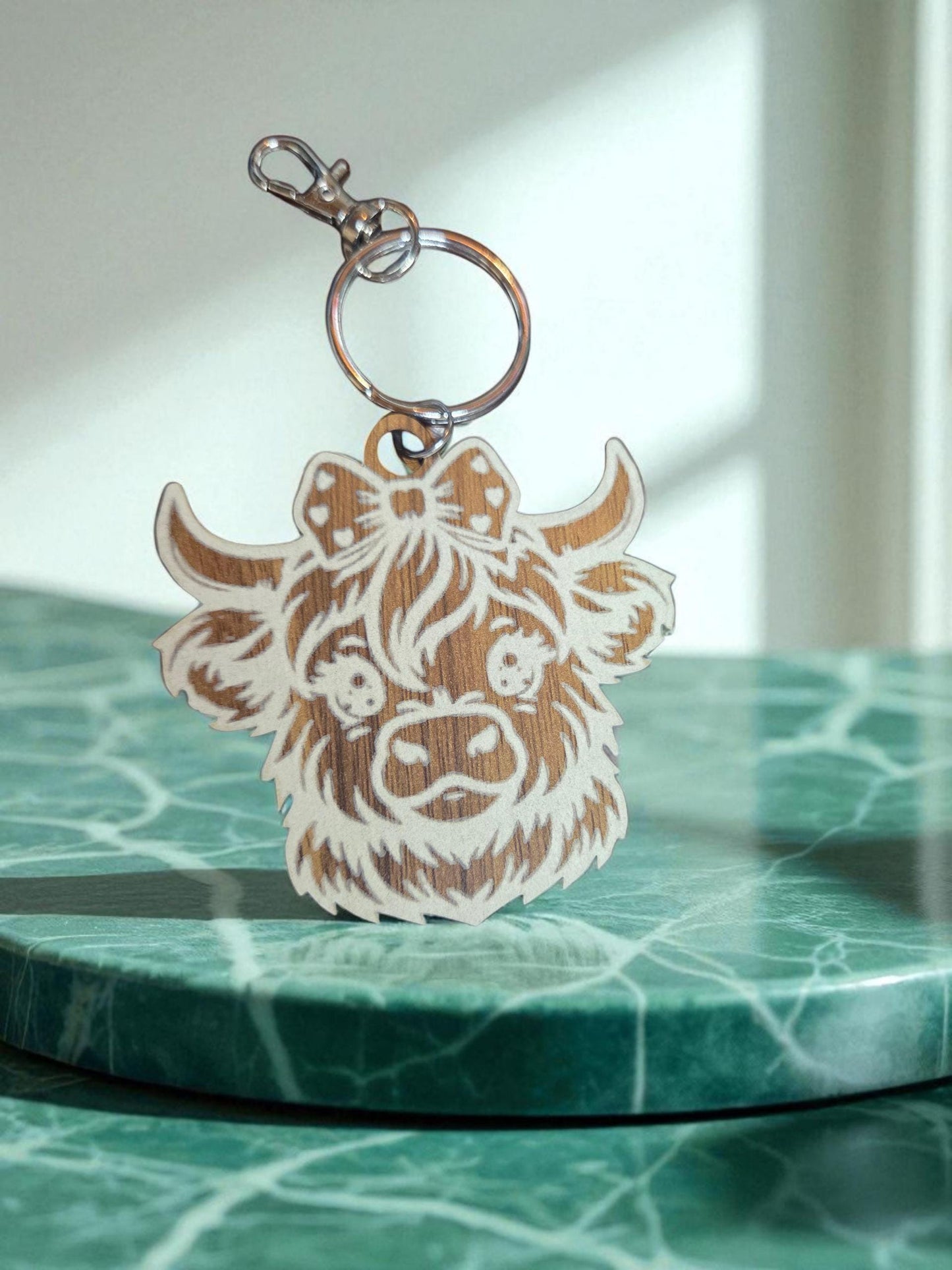 Engraved Walnut Highland Cow Keychain: Rustic Bag Charm