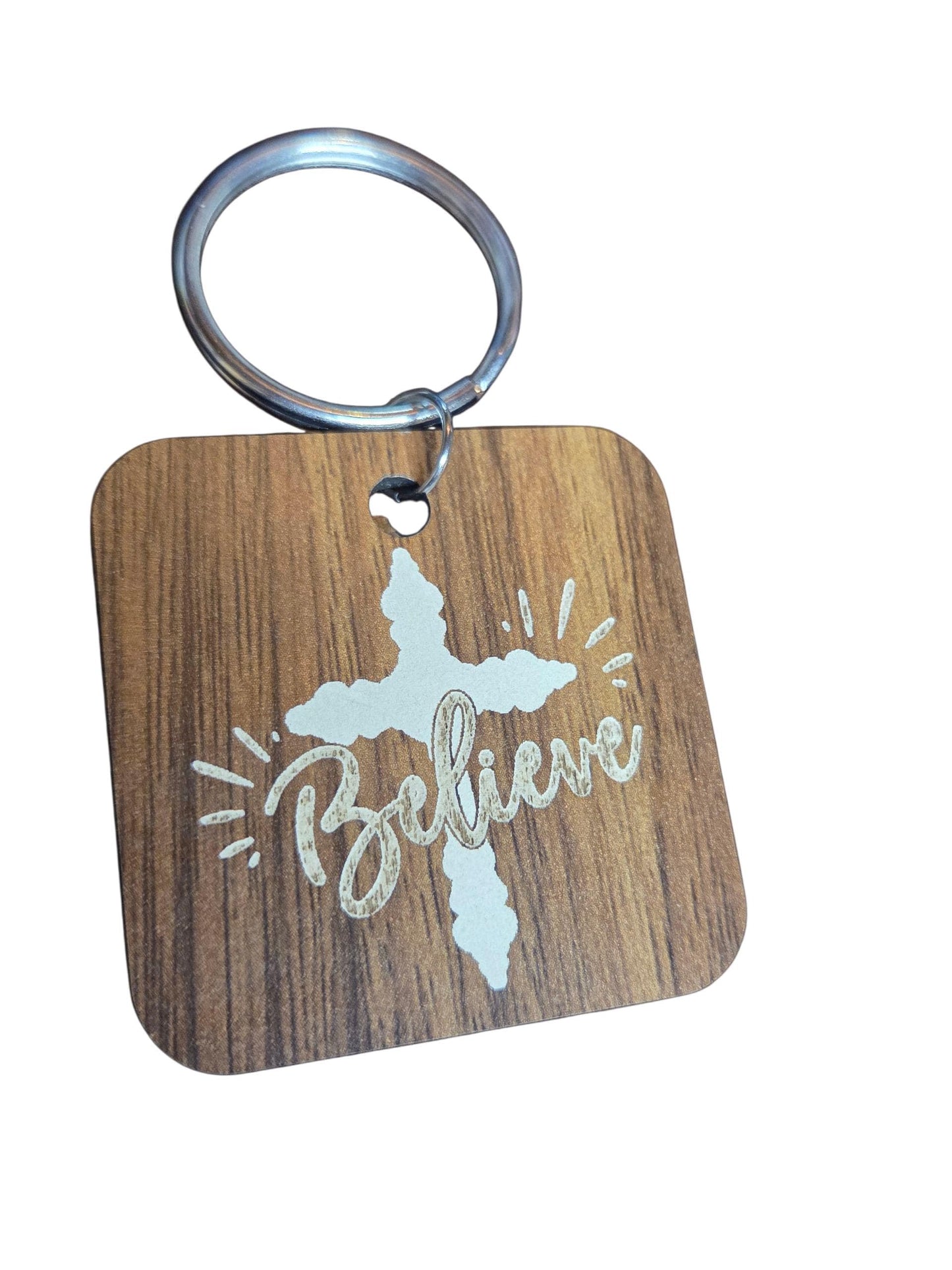 Walnut Wood Believe Cross Keychain - Religious Gift