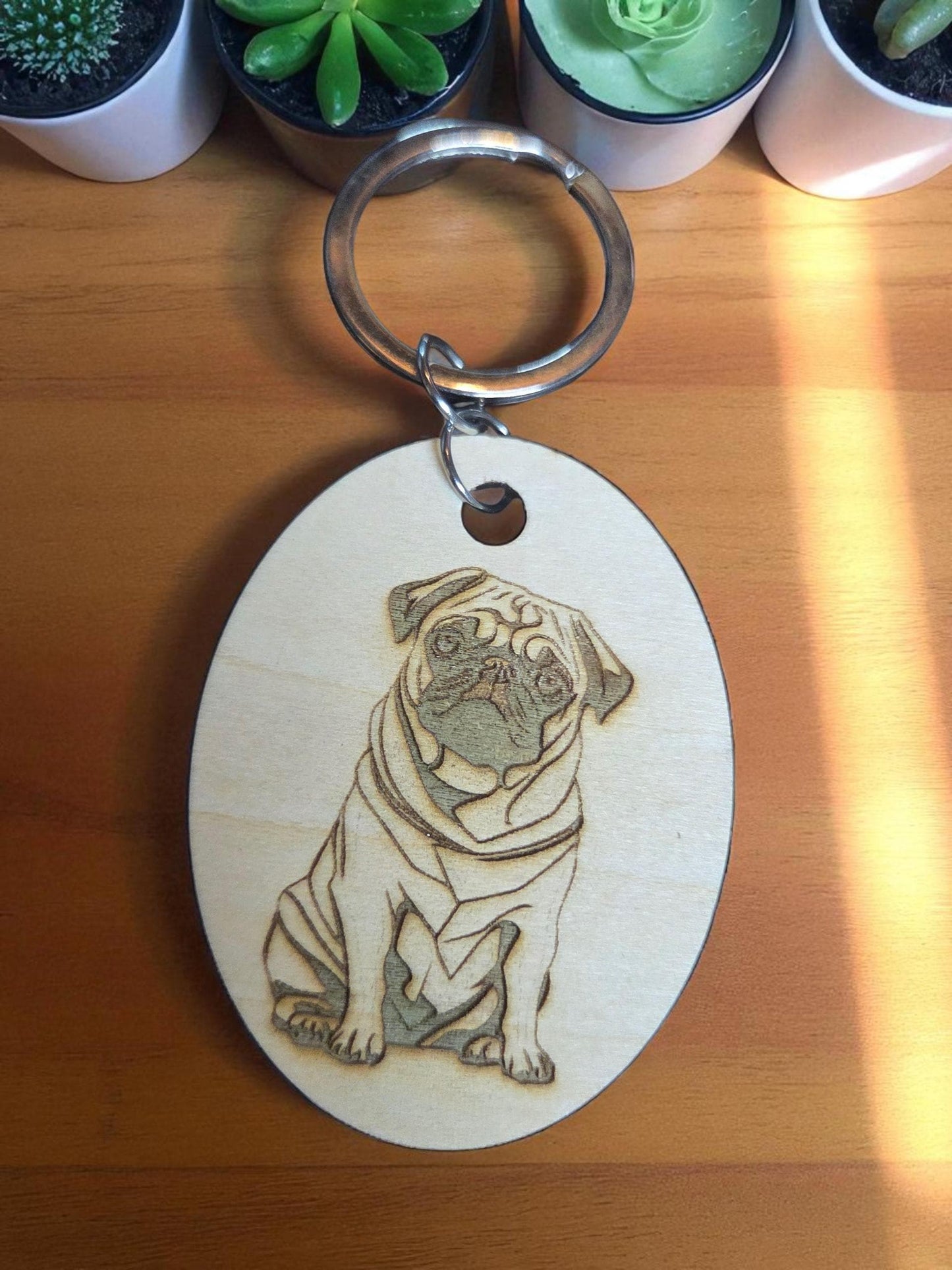 Engraved Basswood Pug Keychain: Dog Lover Gift