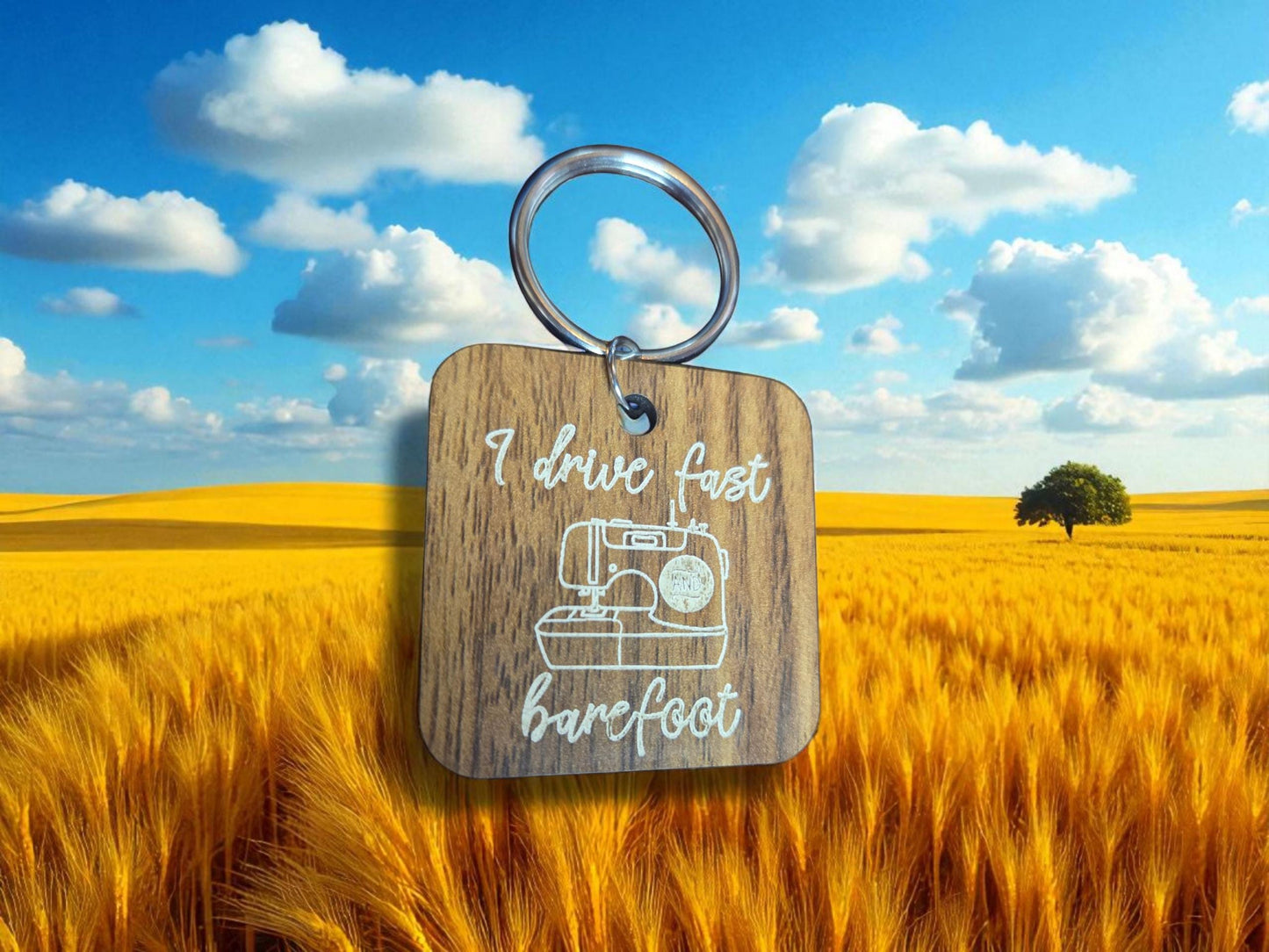 Sewing Keychain – I Drive Fast Barefoot with a Sewing Machine