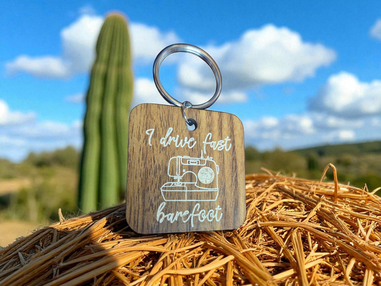 Sewing Keychain – I Drive Fast Barefoot with a Sewing Machine