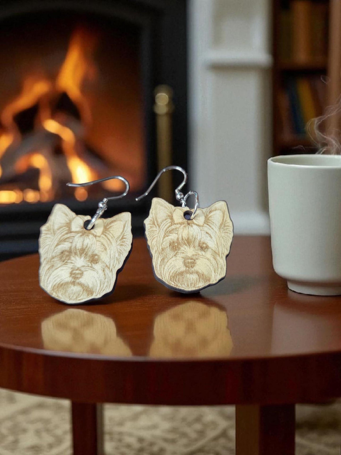 Yorkie Earrings: Engraved Basswood Yorkshire Terrier, Stainless Steel Hooks