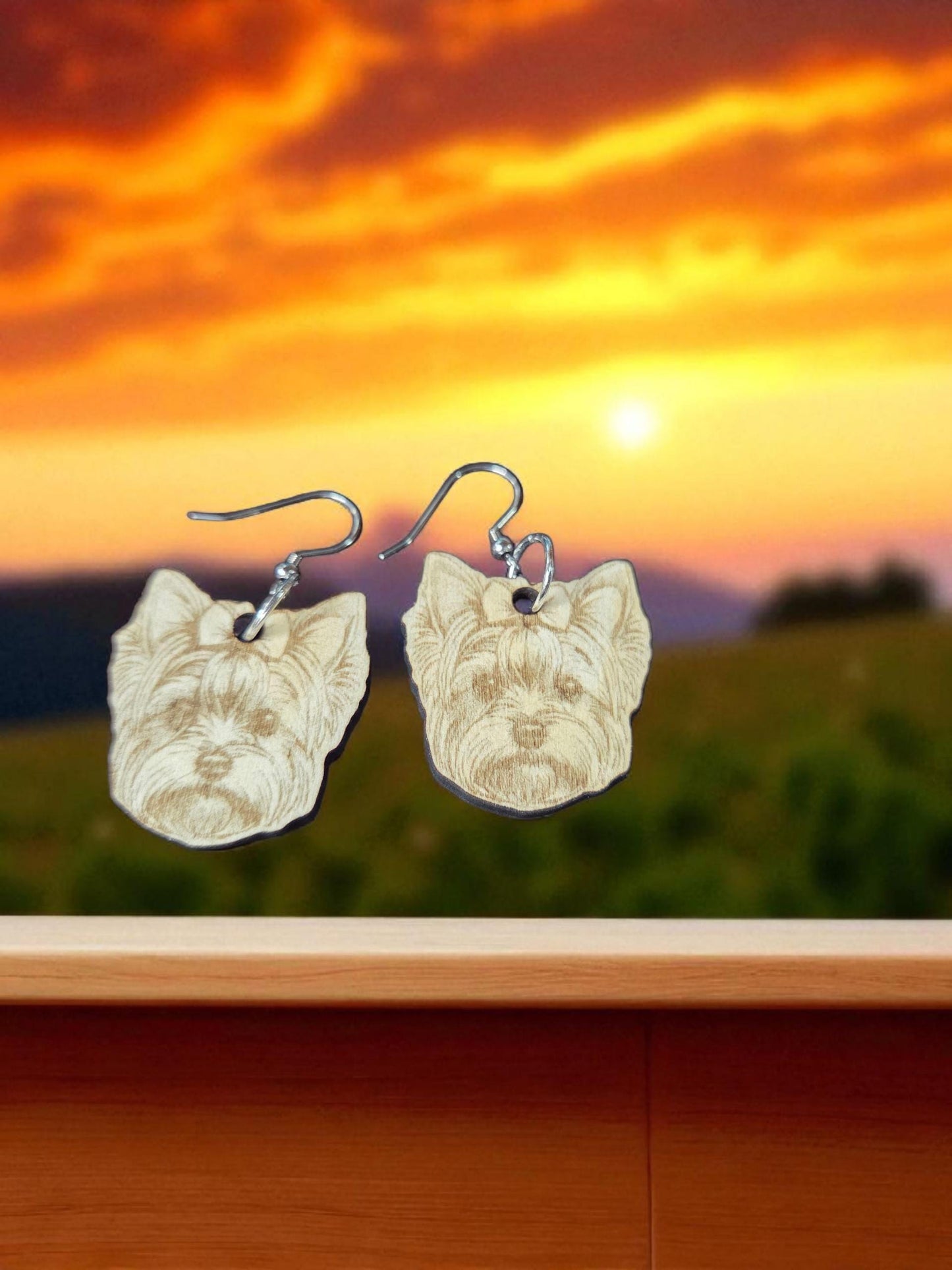 Yorkie Earrings: Engraved Basswood Yorkshire Terrier, Stainless Steel Hooks
