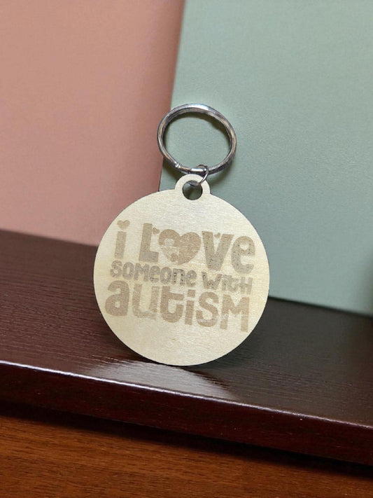 Engraved Basswood Autism Awareness Keychain: I Love Someone with Autism