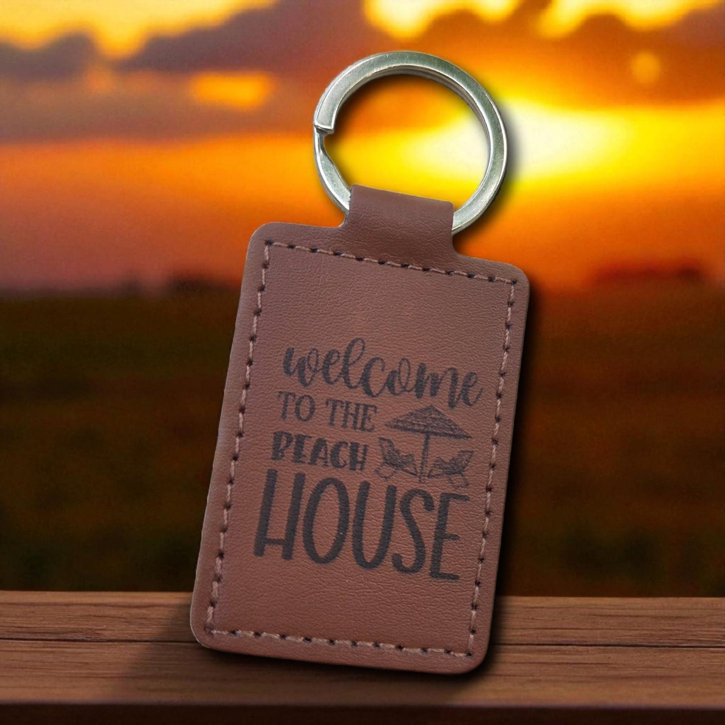 Faux Leather Beach House Keychain: Engraved Welcome Keyring
