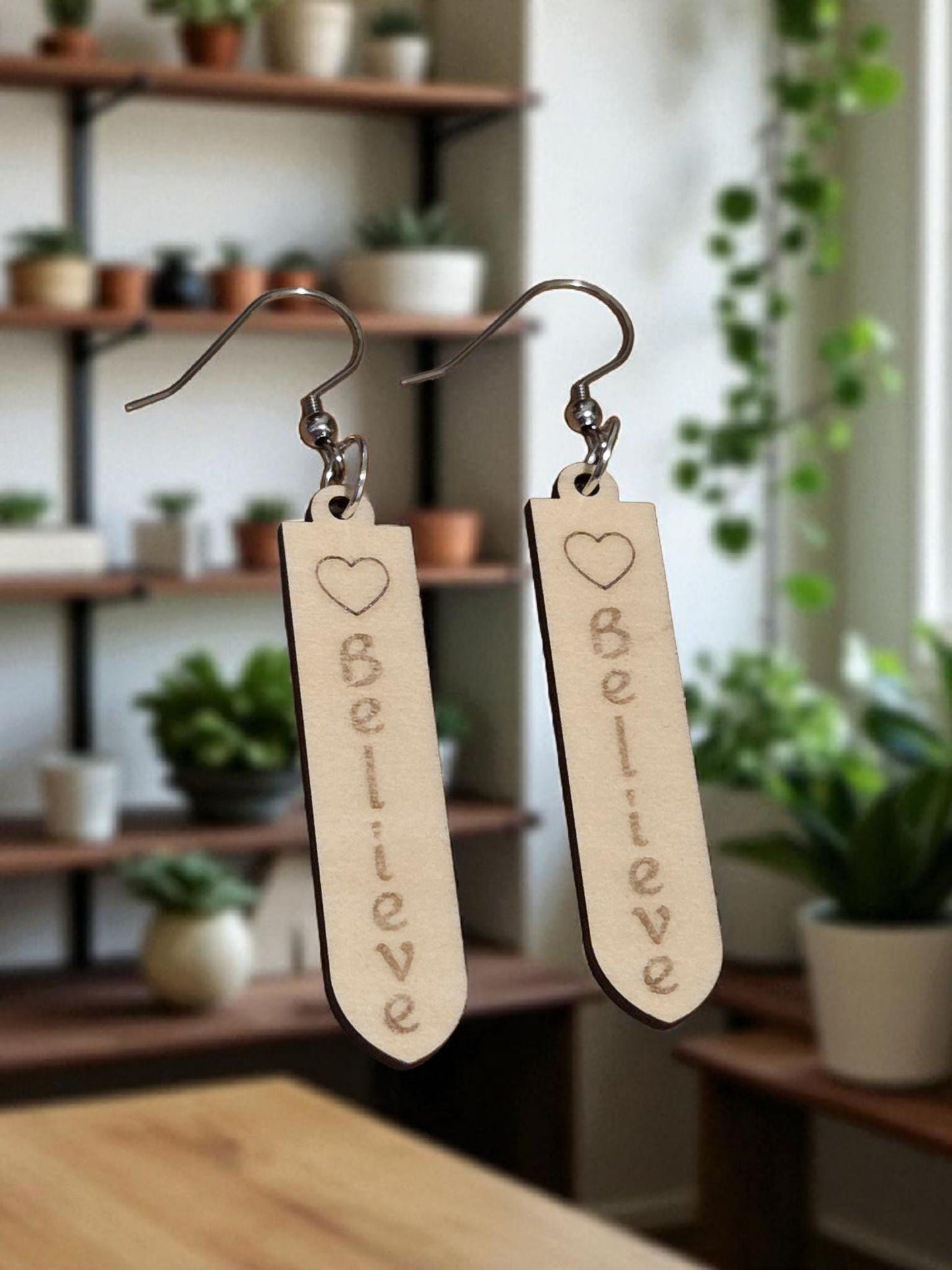 Believe Engraved Wooden Earrings | Heart Basswood Dangle Jewelry