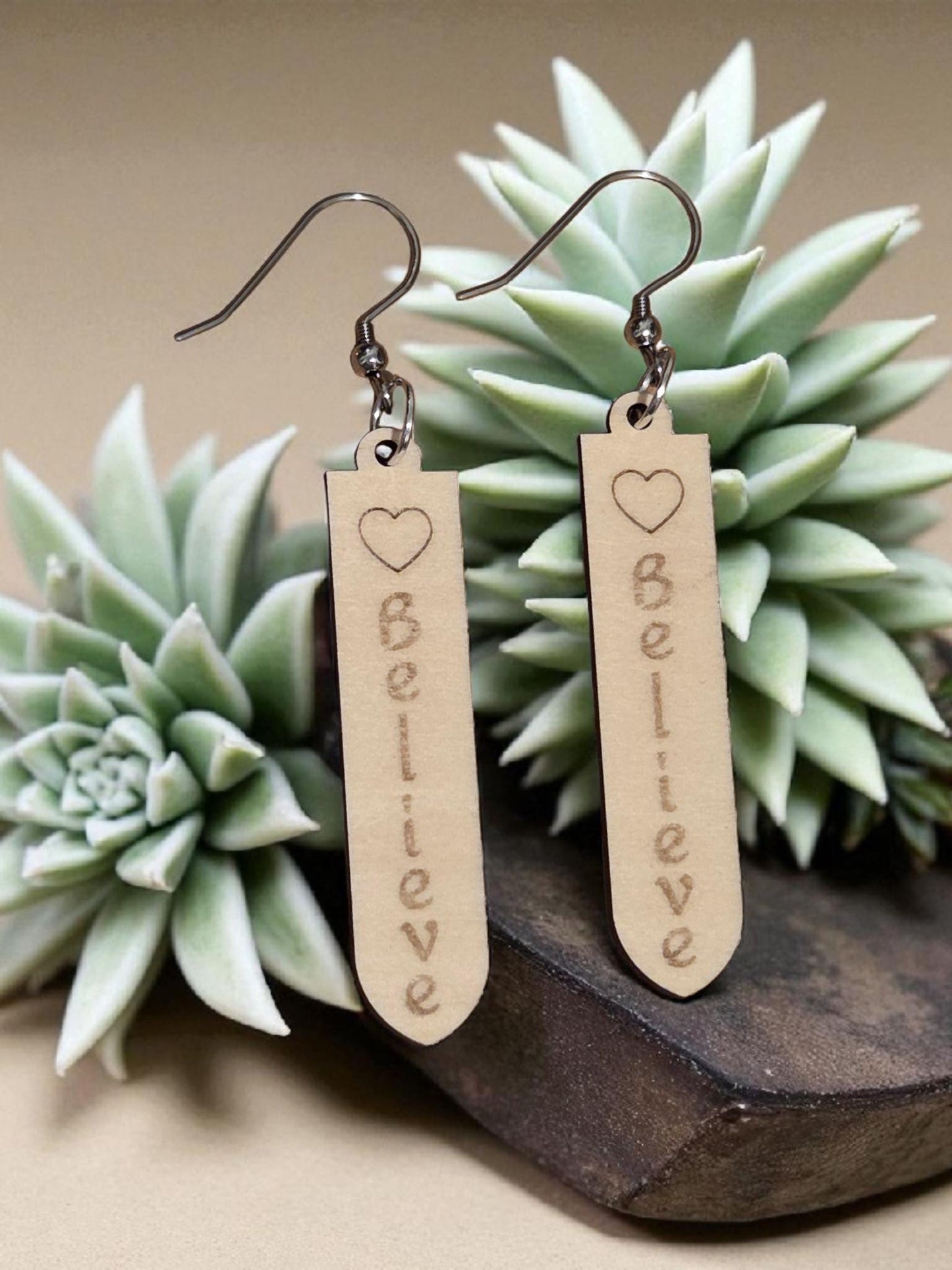 Believe Engraved Wooden Earrings | Heart Basswood Dangle Jewelry