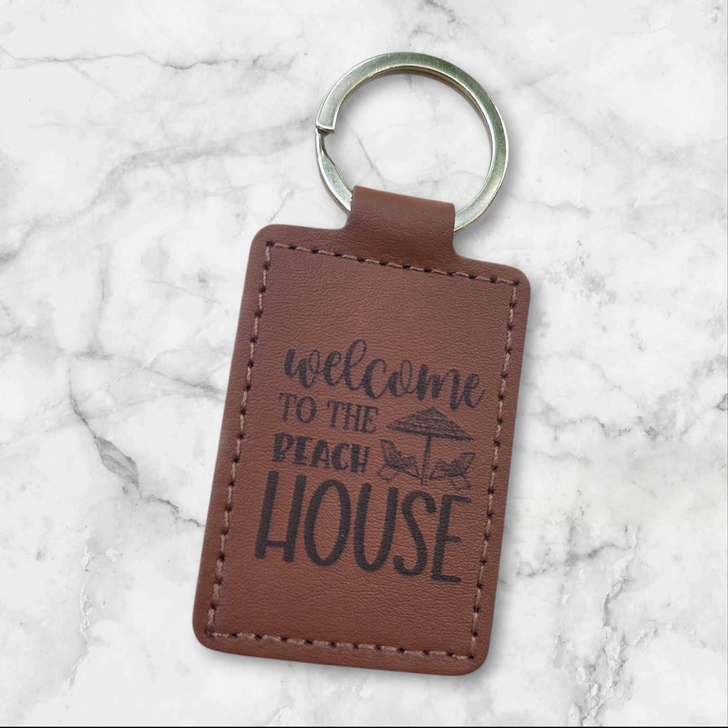 Faux Leather Beach House Keychain: Engraved Welcome Keyring