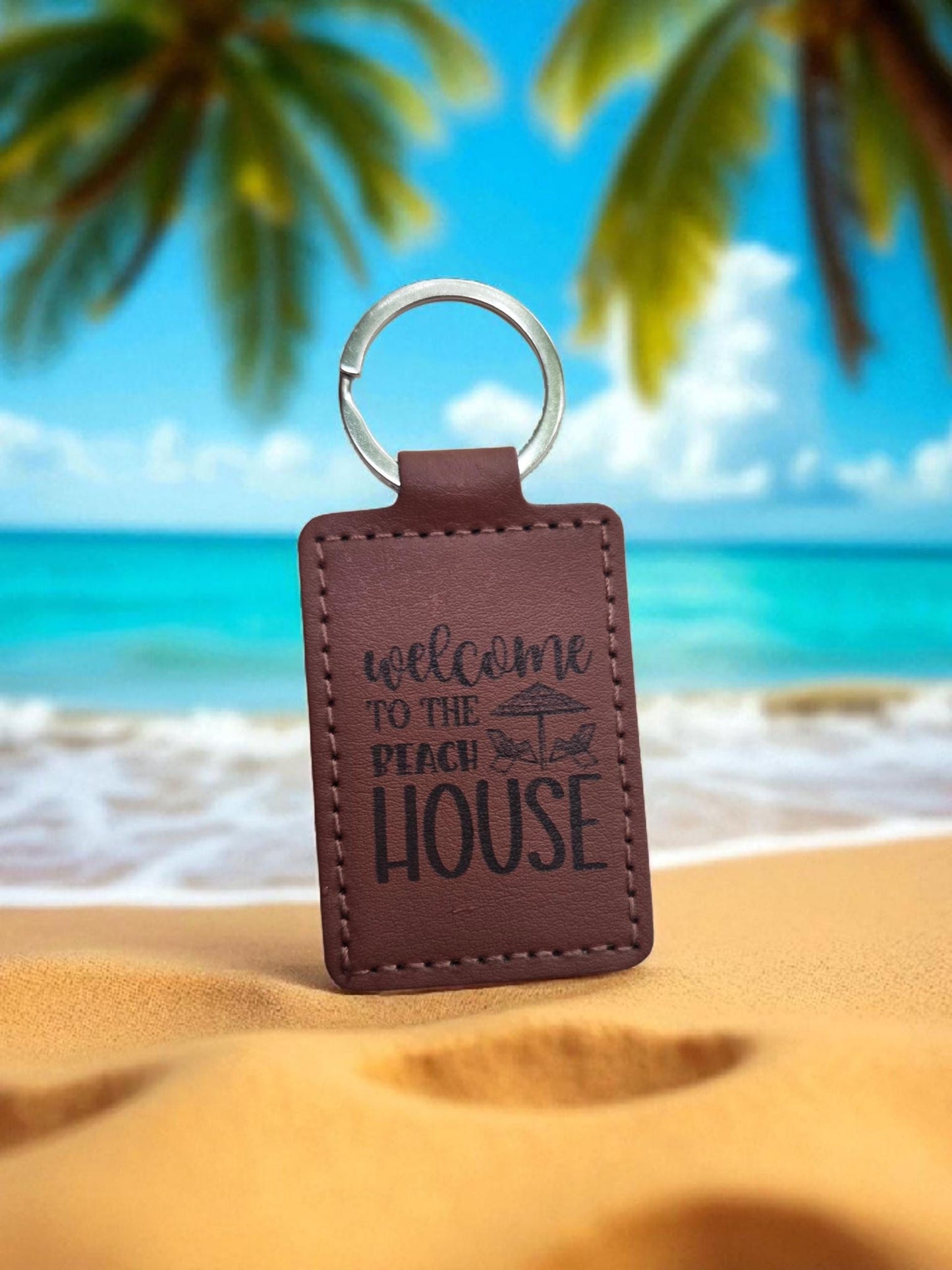 Faux Leather Beach House Keychain: Engraved Welcome Keyring