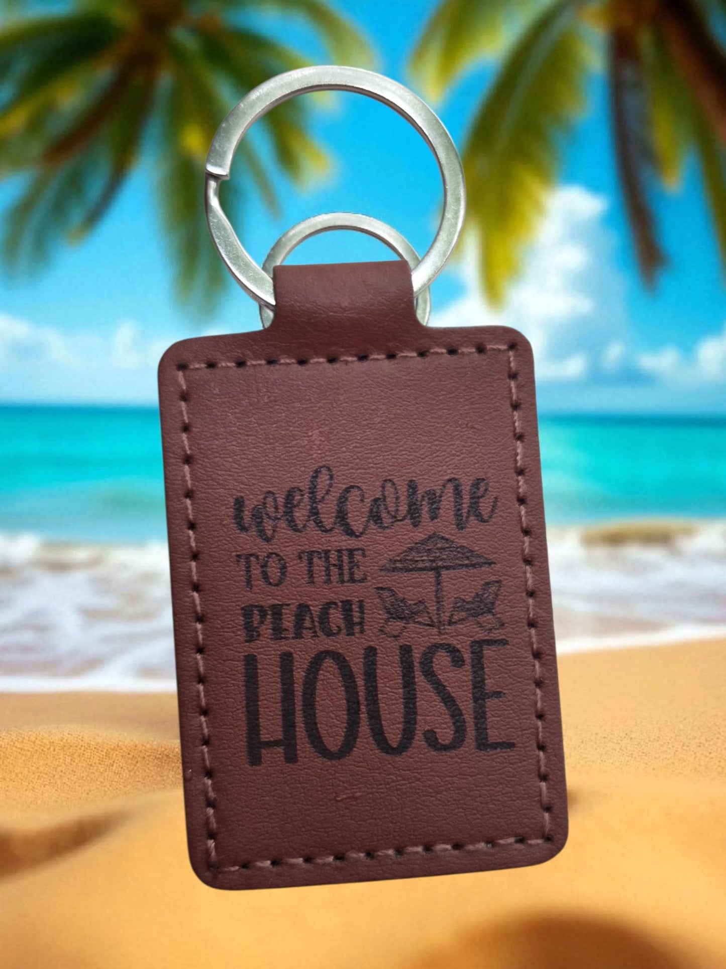 Faux Leather Beach House Keychain: Engraved Welcome Keyring