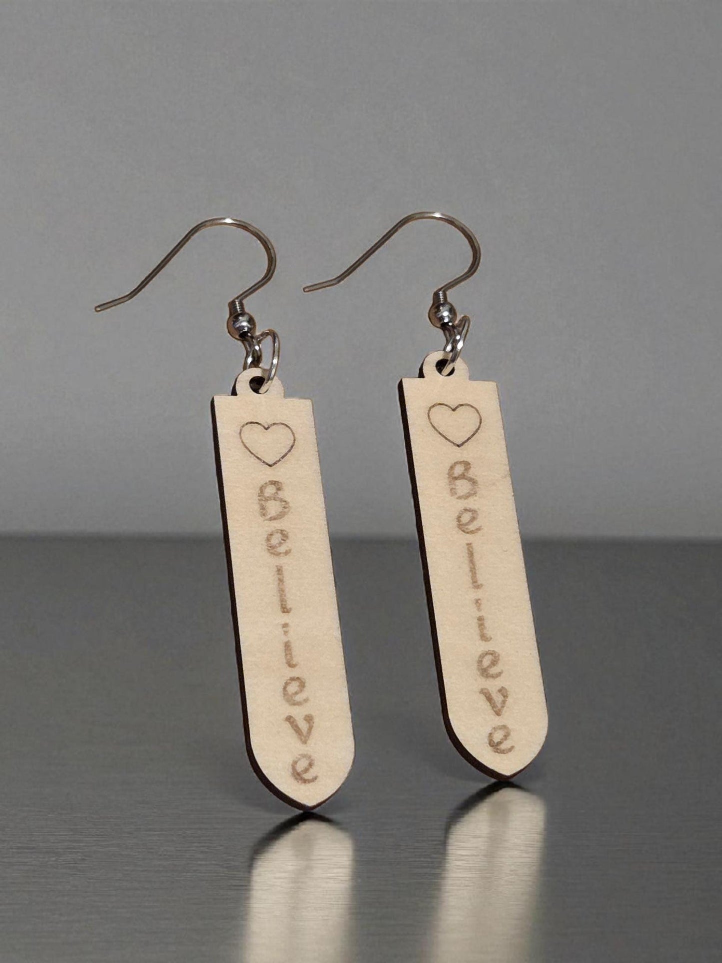Believe Engraved Wooden Earrings | Heart Basswood Dangle Jewelry