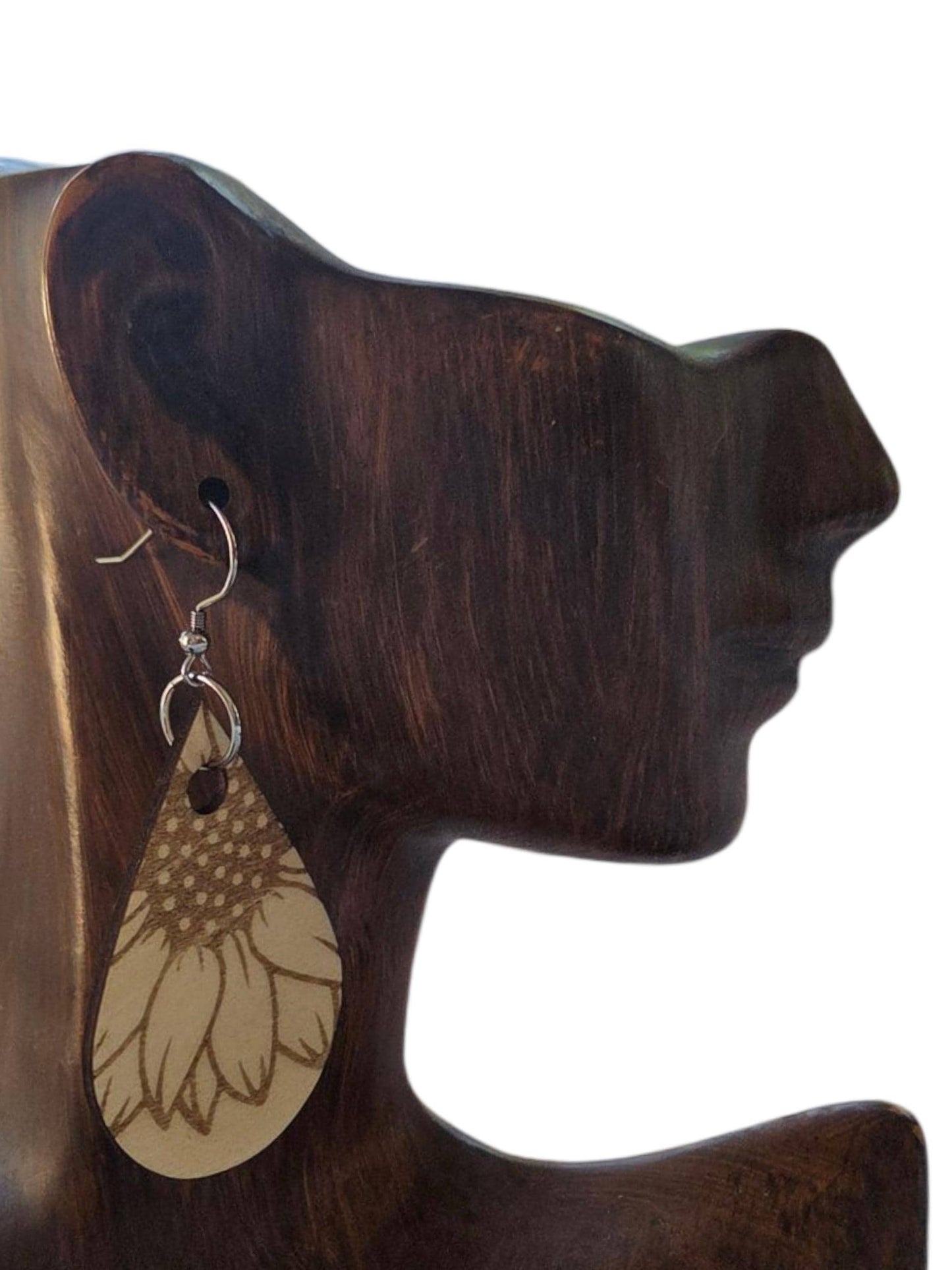 Engraved Wood Sunflower Earrings