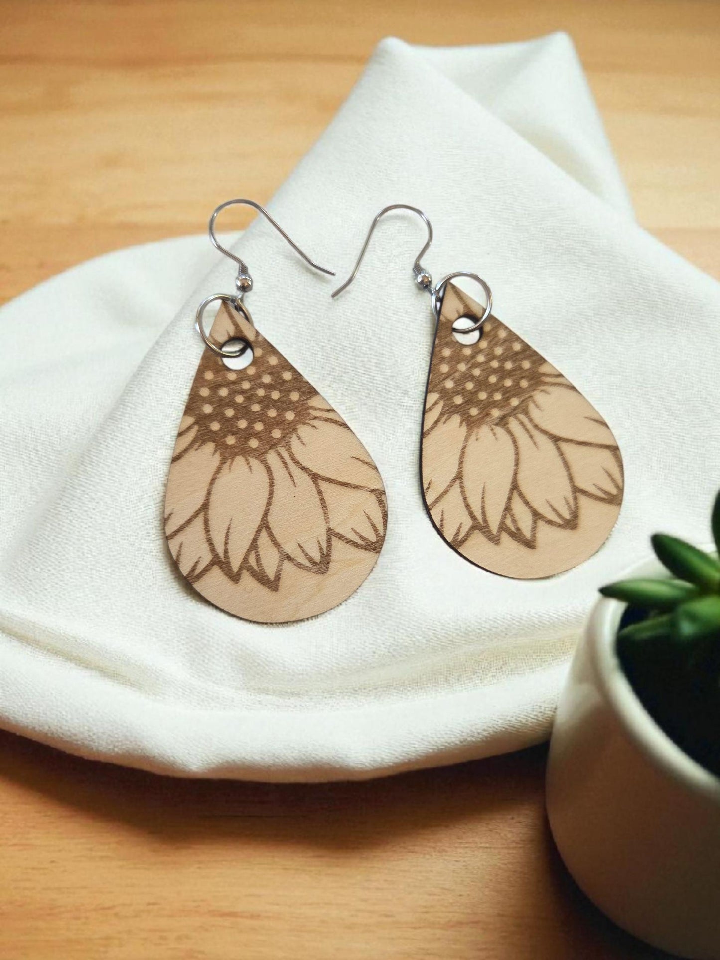 Engraved Wood Sunflower Earrings