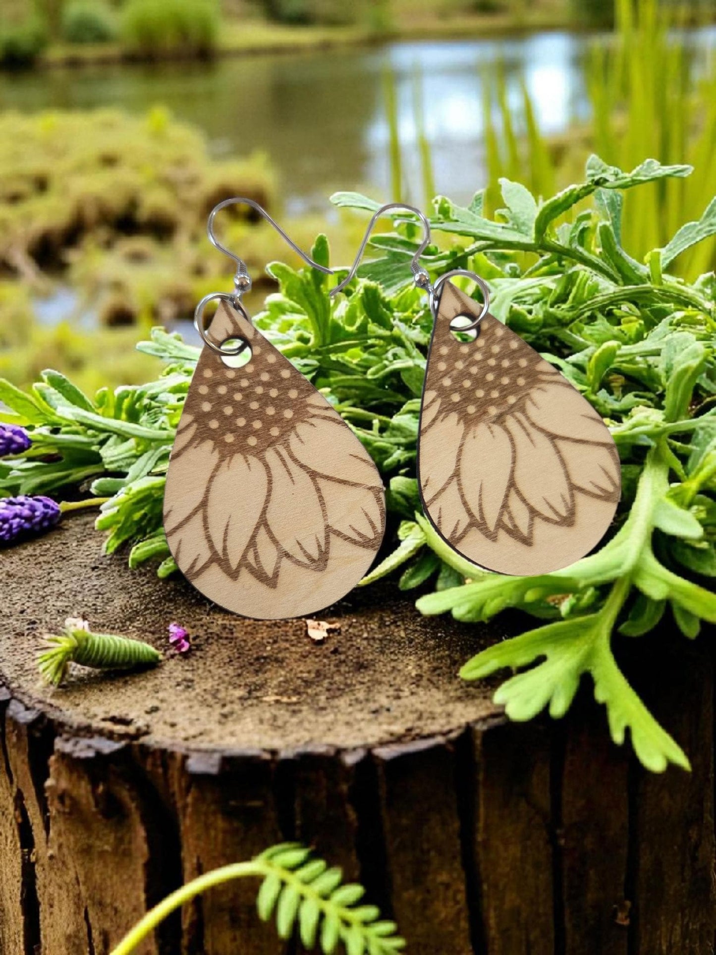 Engraved Wood Sunflower Earrings
