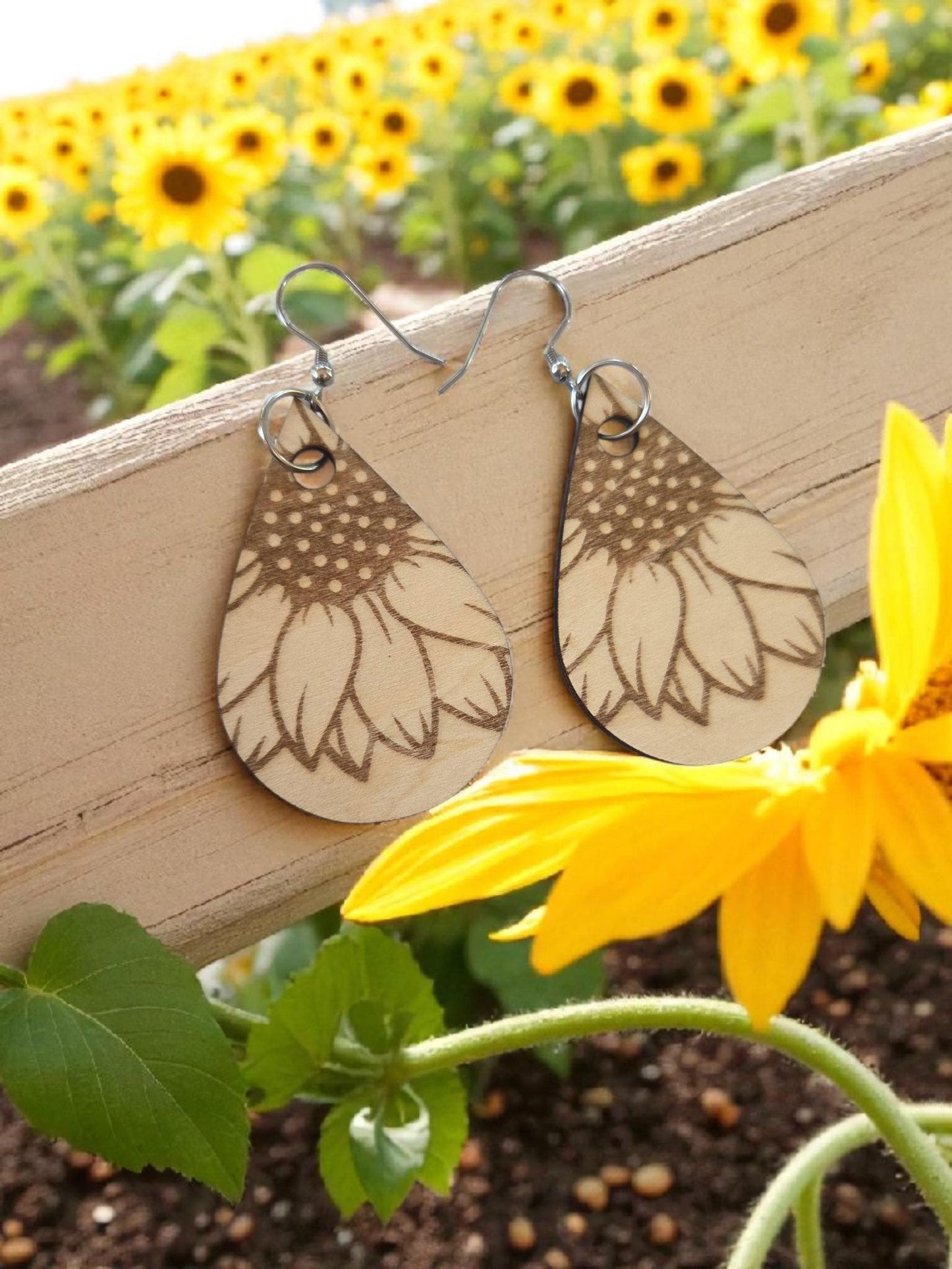 Engraved Wood Sunflower Earrings
