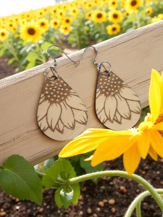Engraved Wood Sunflower Earrings