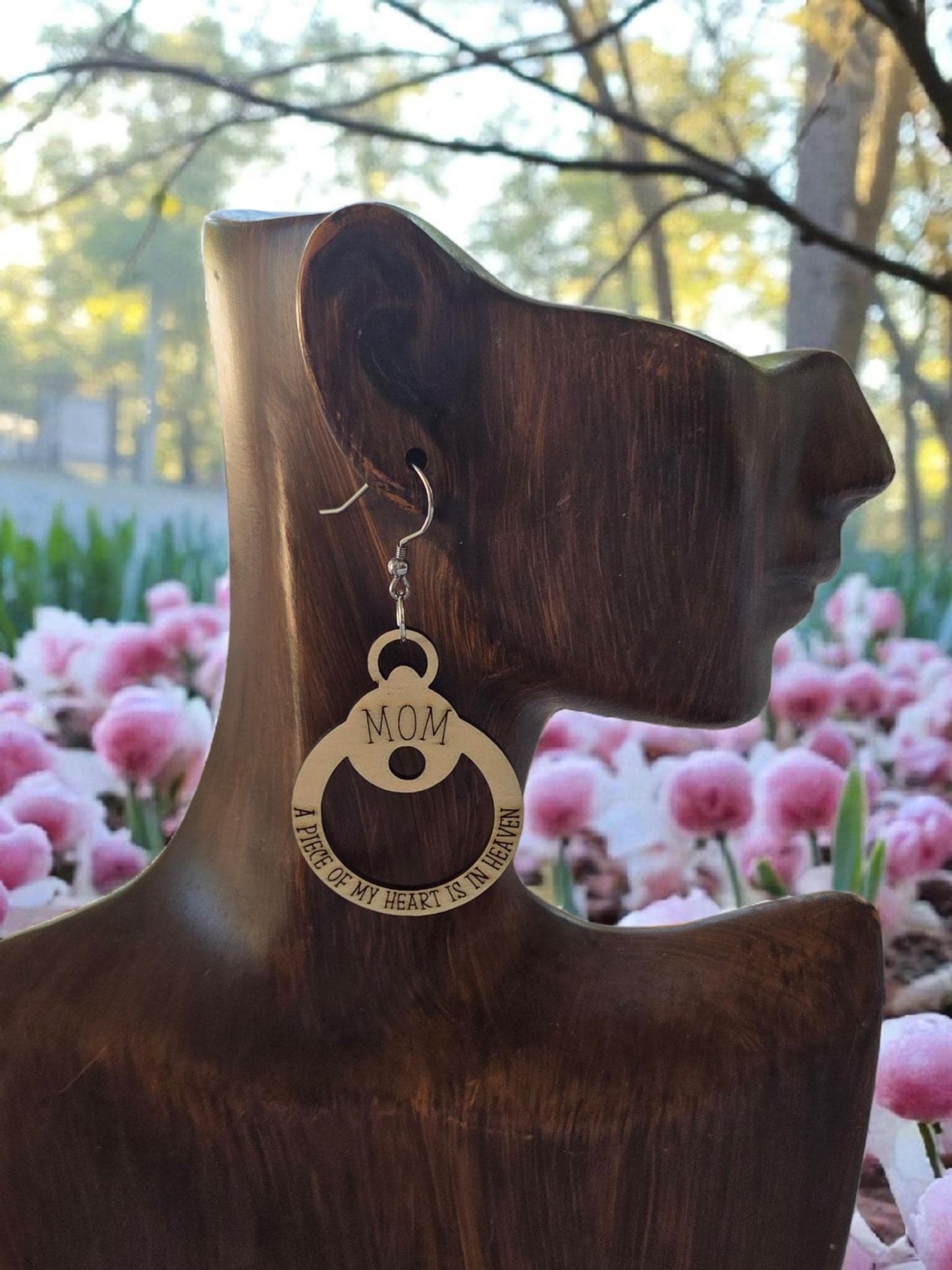 Mom A Piece of My Heart Is in Heaven Engraved Wooden Circle Earrings